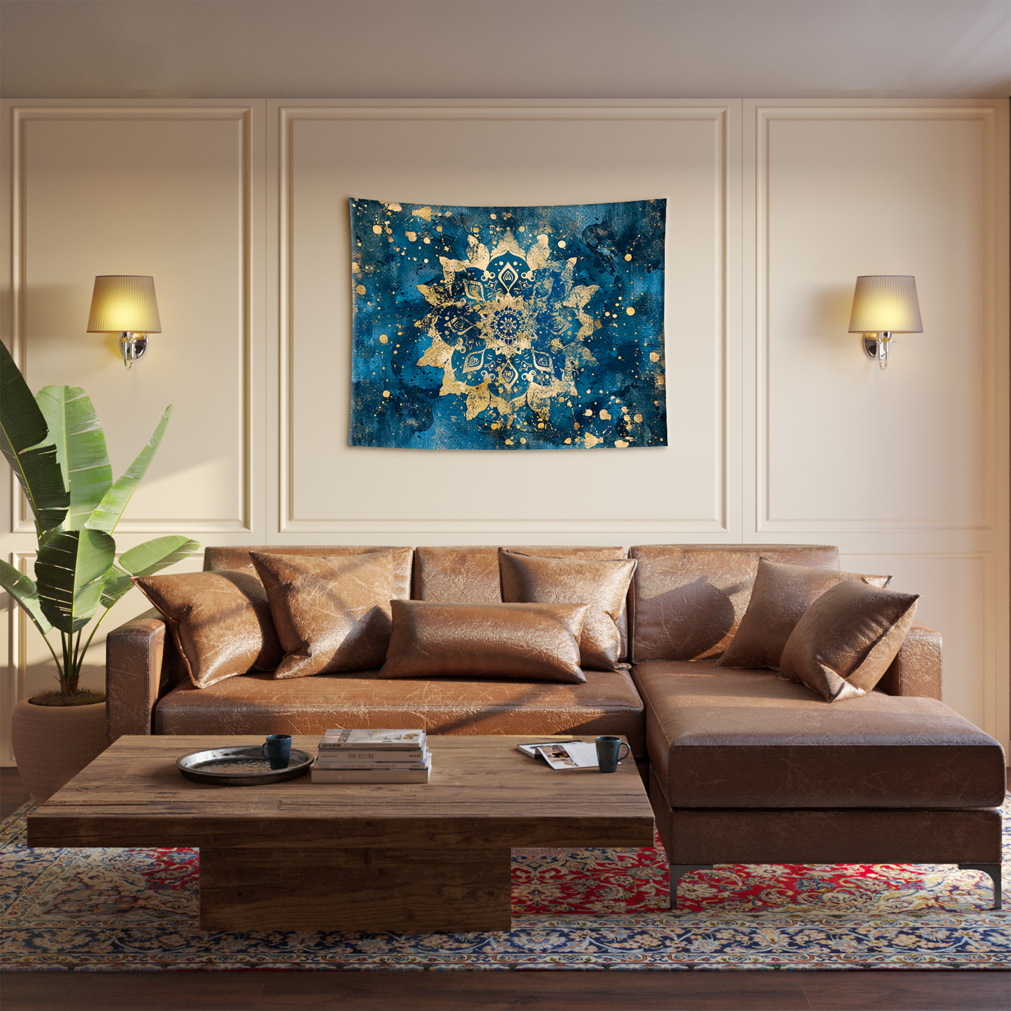 Azure Blue Golden Celestial Mandala Tapestry - Image 2