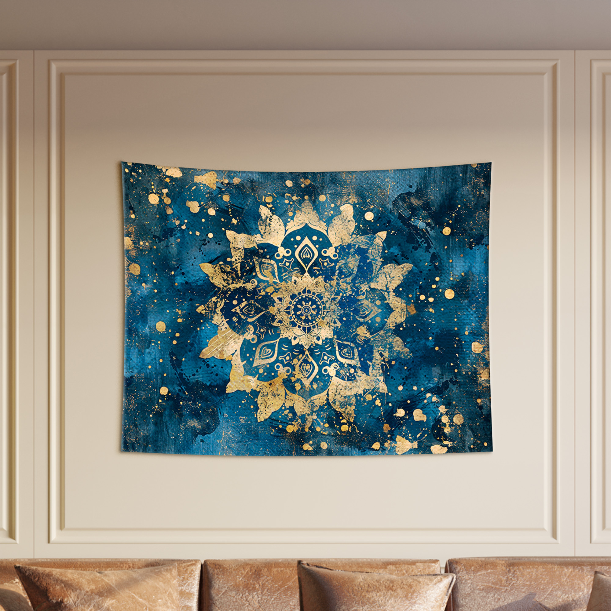 Azure Blue Golden Celestial Mandala Tapestry