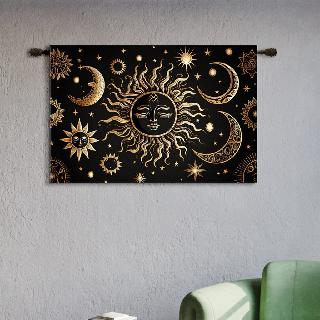 Black Gold Sun Moon Celestial Mystical Tapestry