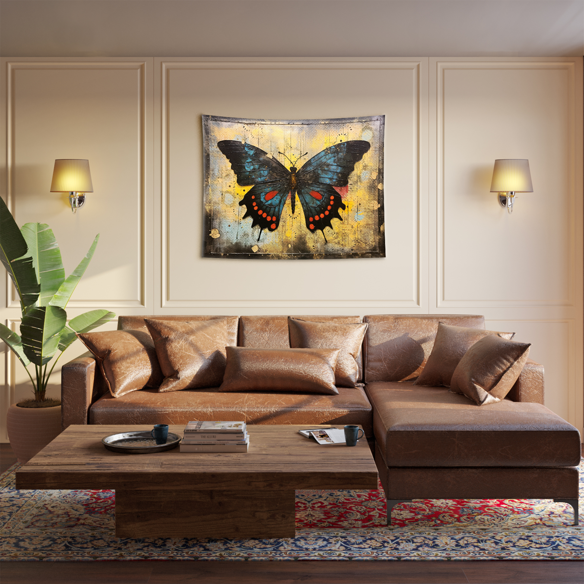 Blue Black Butterfly Distressed Vintage Art Tapestry - Image 2