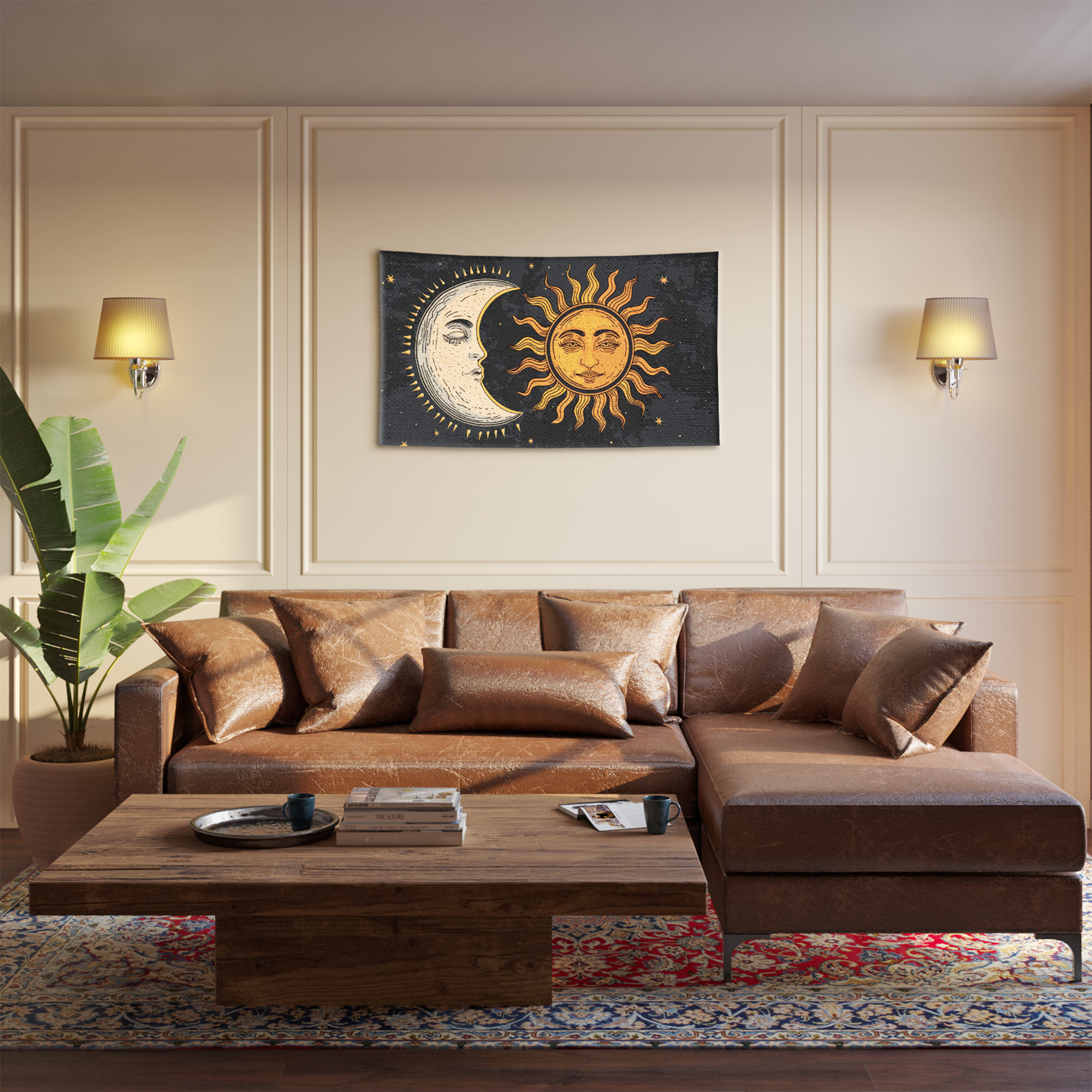 Celestial Crescent Moon Sun Face Bohemian Tapestry - Image 2