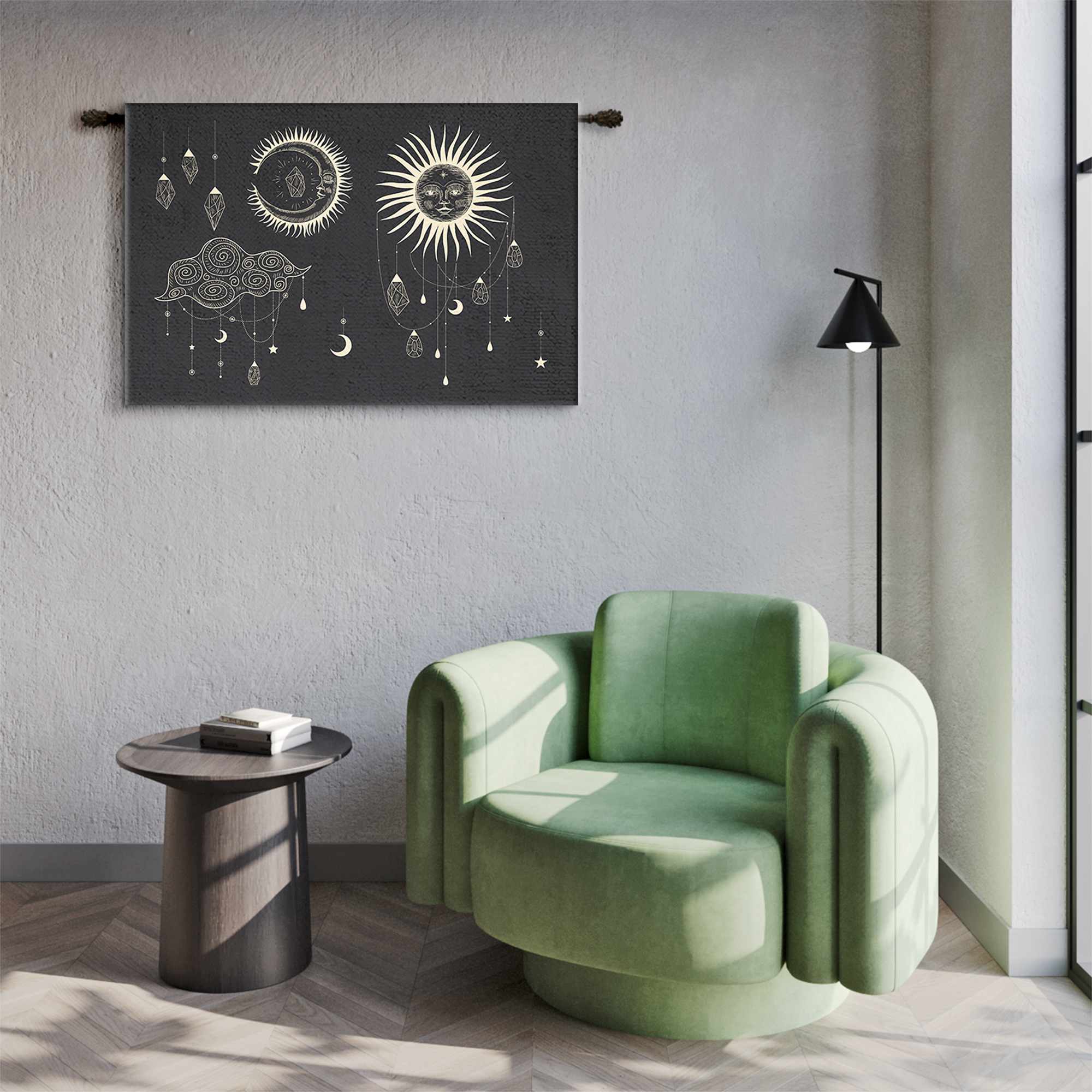 Charcoal Gold Sun Moon Crystal Celestial Tapestry - Image 2