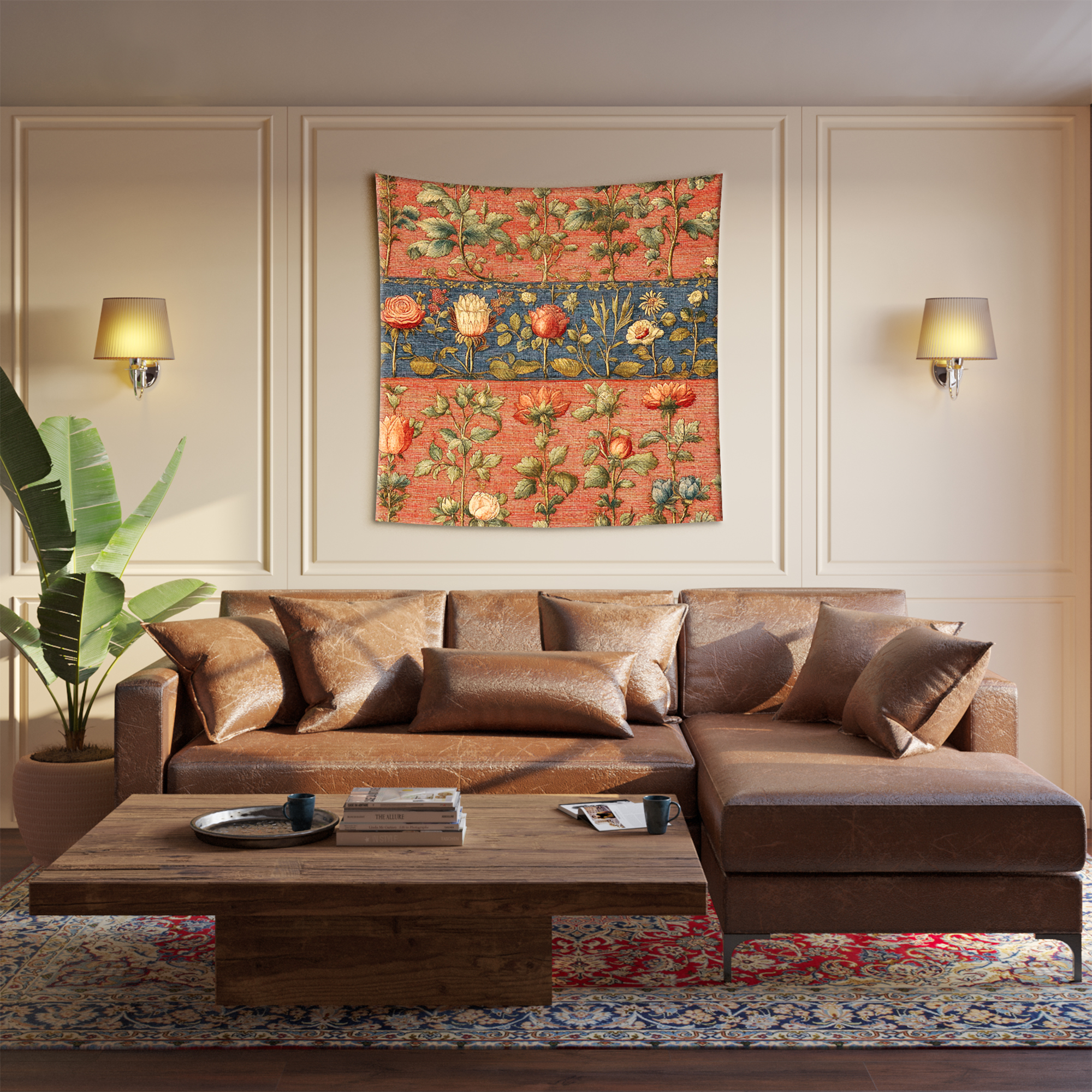 Coral Blue Floral Botanical Vintage Tapestry - Image 2