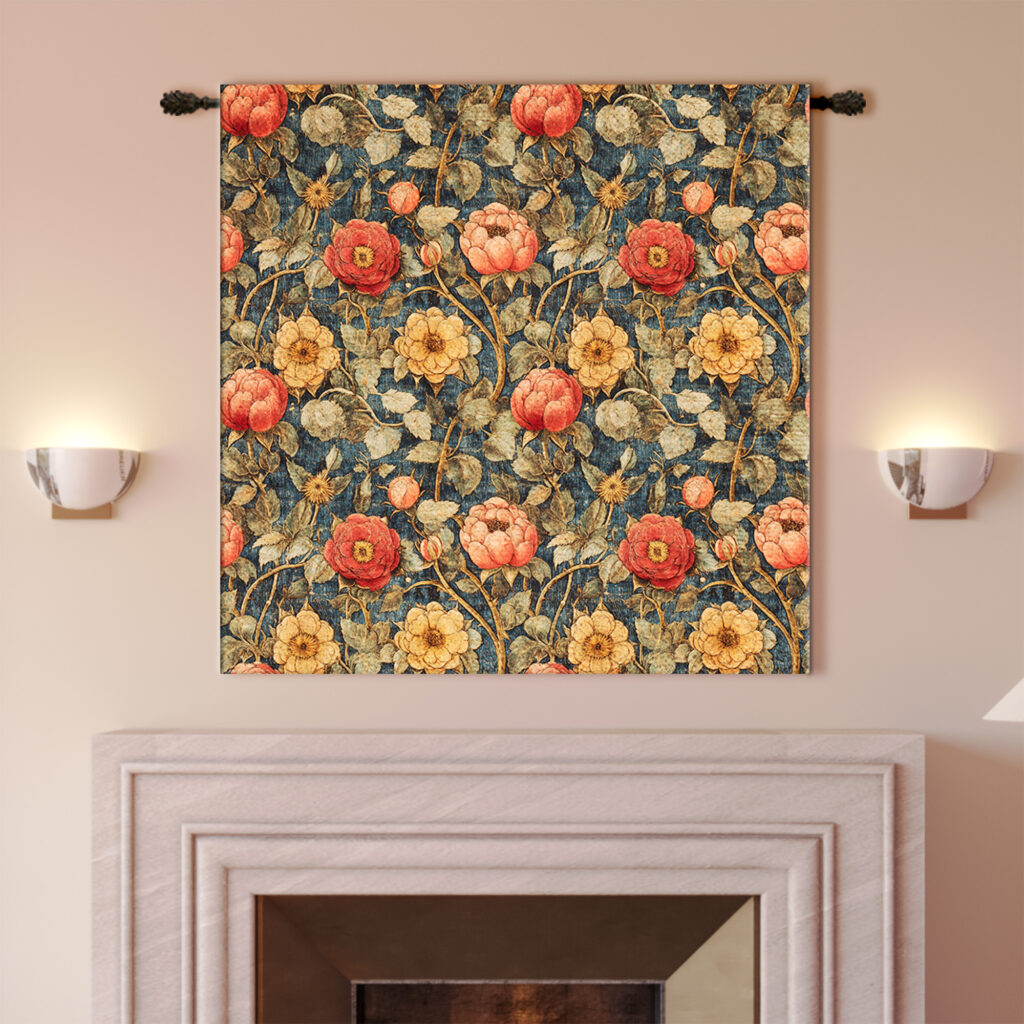 Coral Rose Yellow Bloom Navy Floral Tapestry