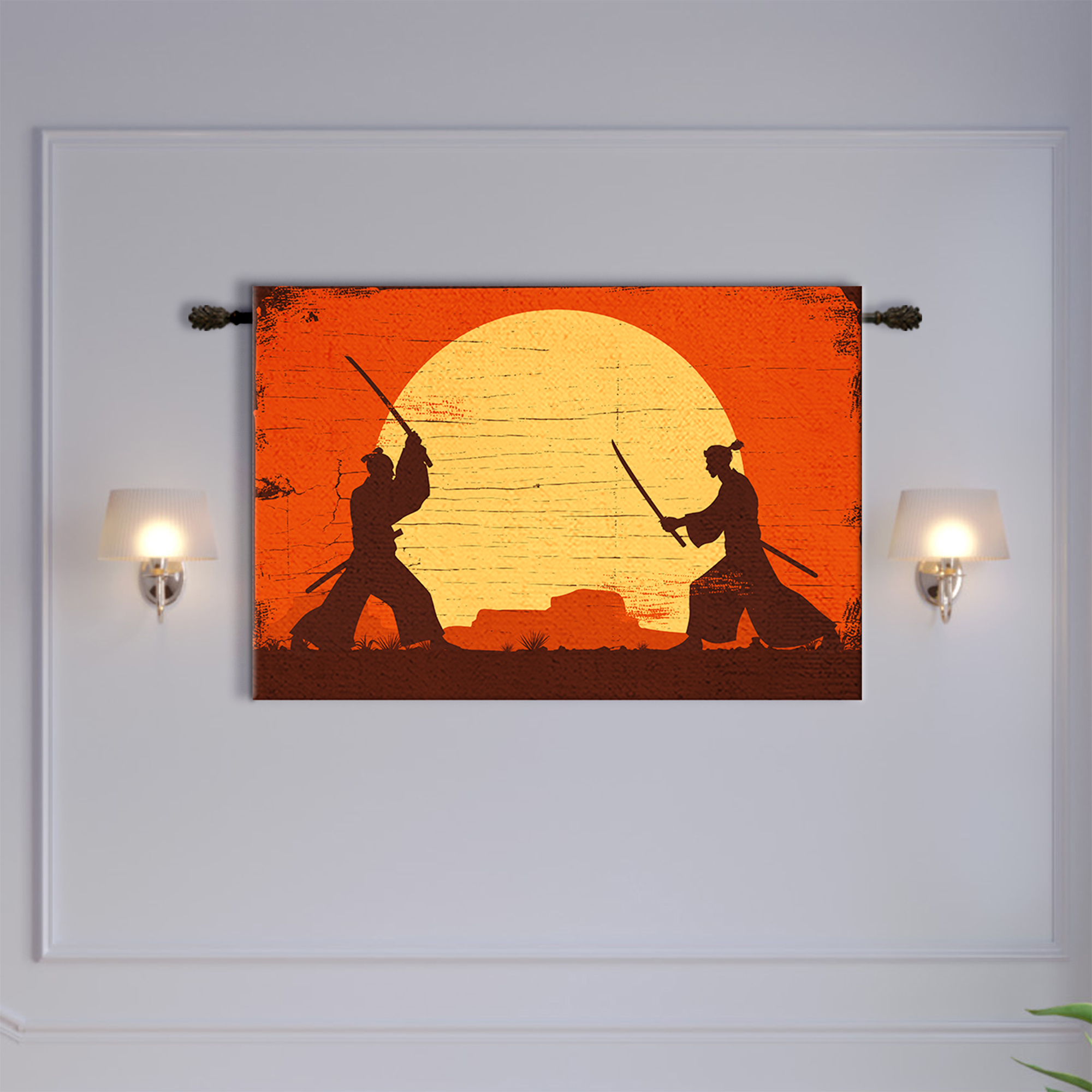 Dueling Samurai Orange Sunset Silhouette Tapestry