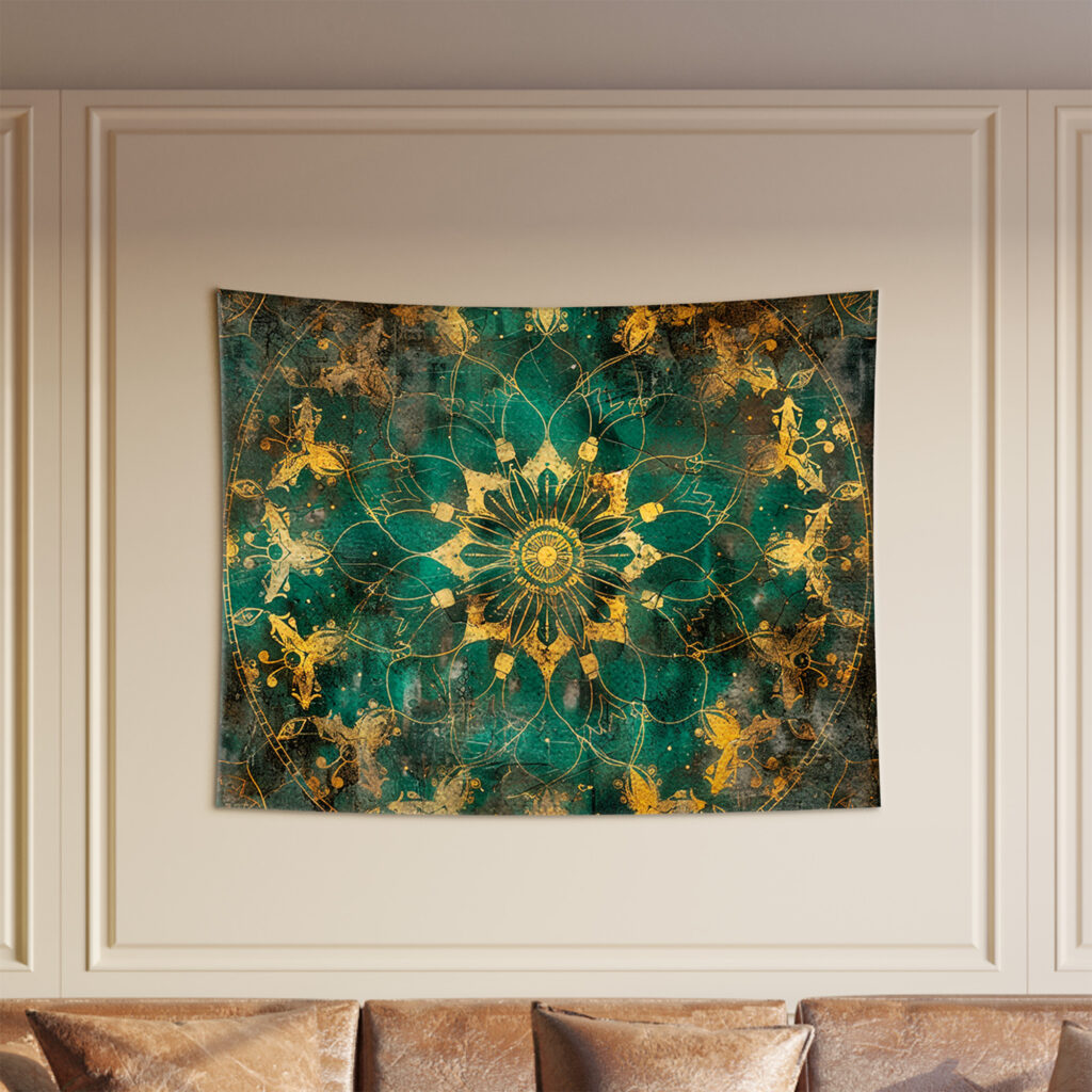 Emerald Green Gold Celestial Floral Mandala Tapestry