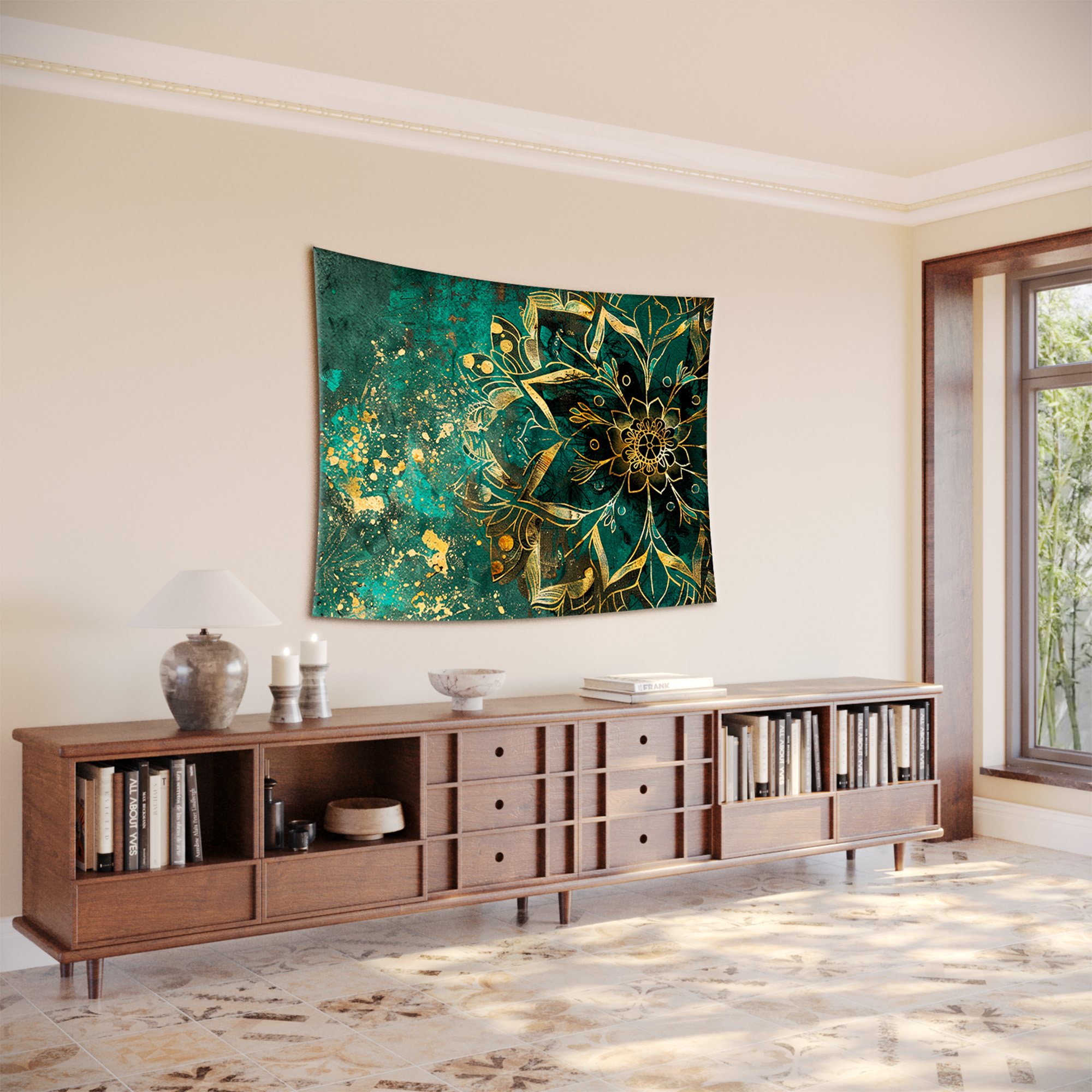 Emerald Green Gold Floral Mandala Grunge Tapestry - Image 2