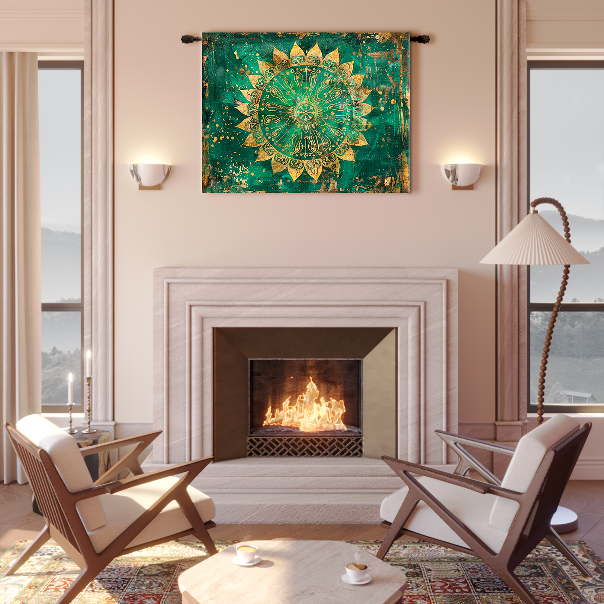 Emerald Green Gold Mandala Sunburst Tapestry - Image 2
