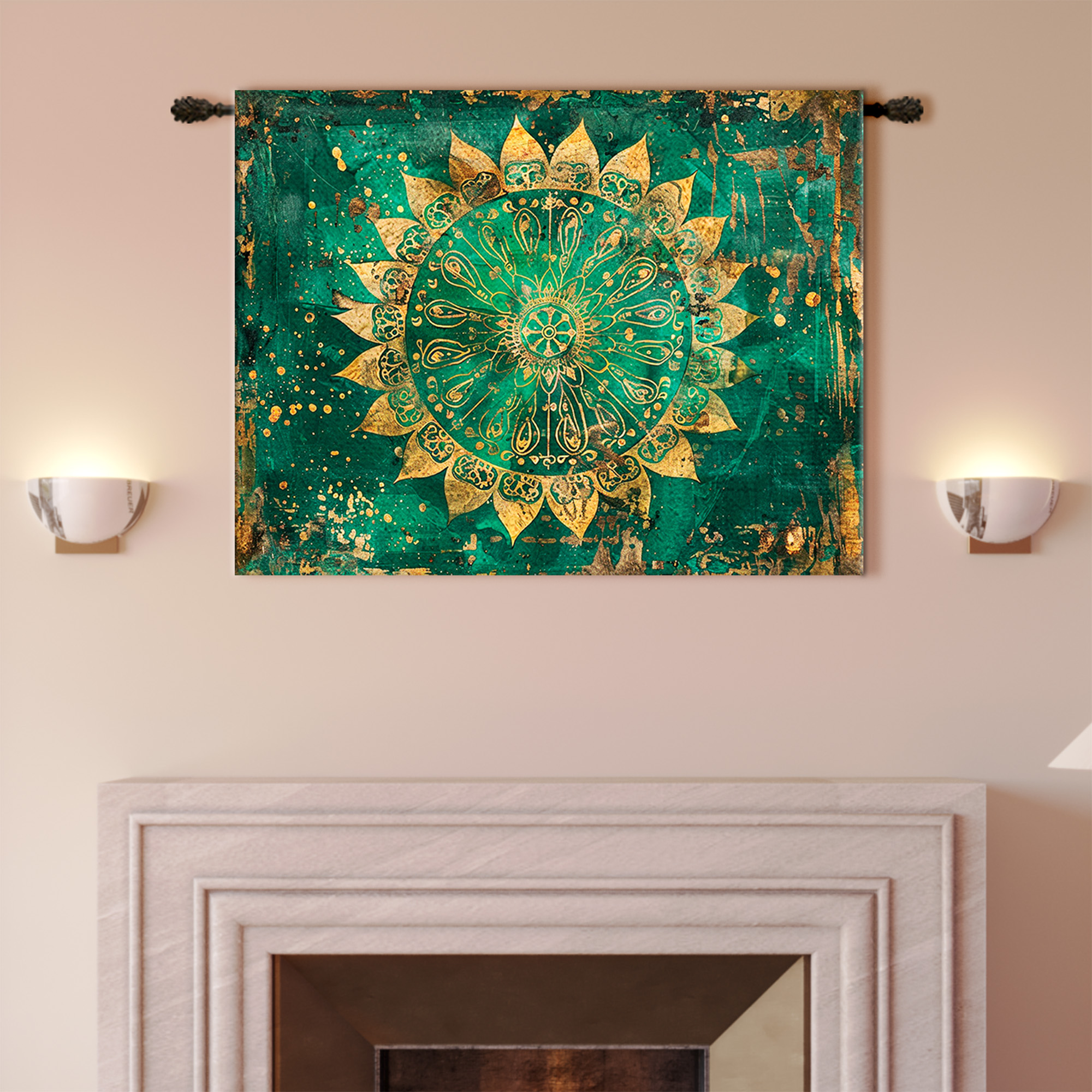 Emerald Green Gold Mandala Sunburst Tapestry