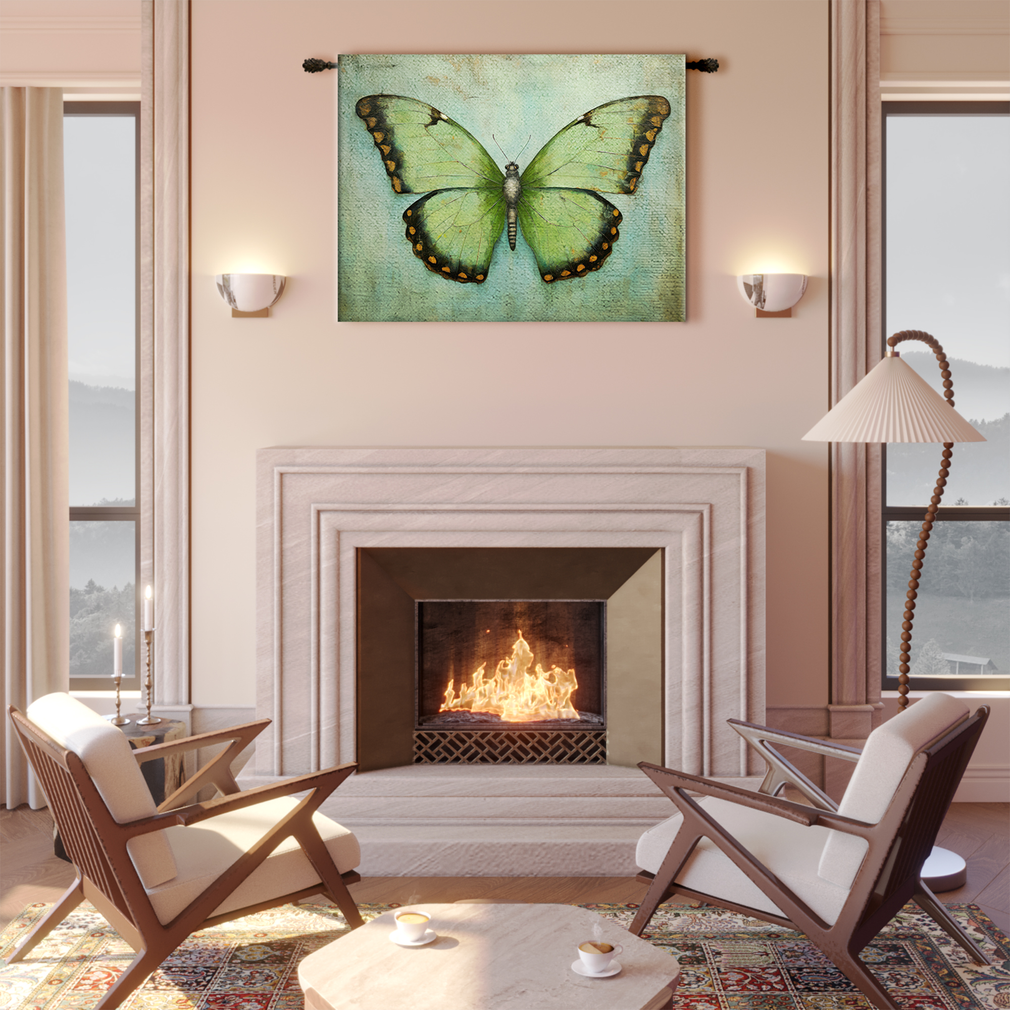 Emerald Green Morpho Butterfly Rustic Tapestry - Image 2