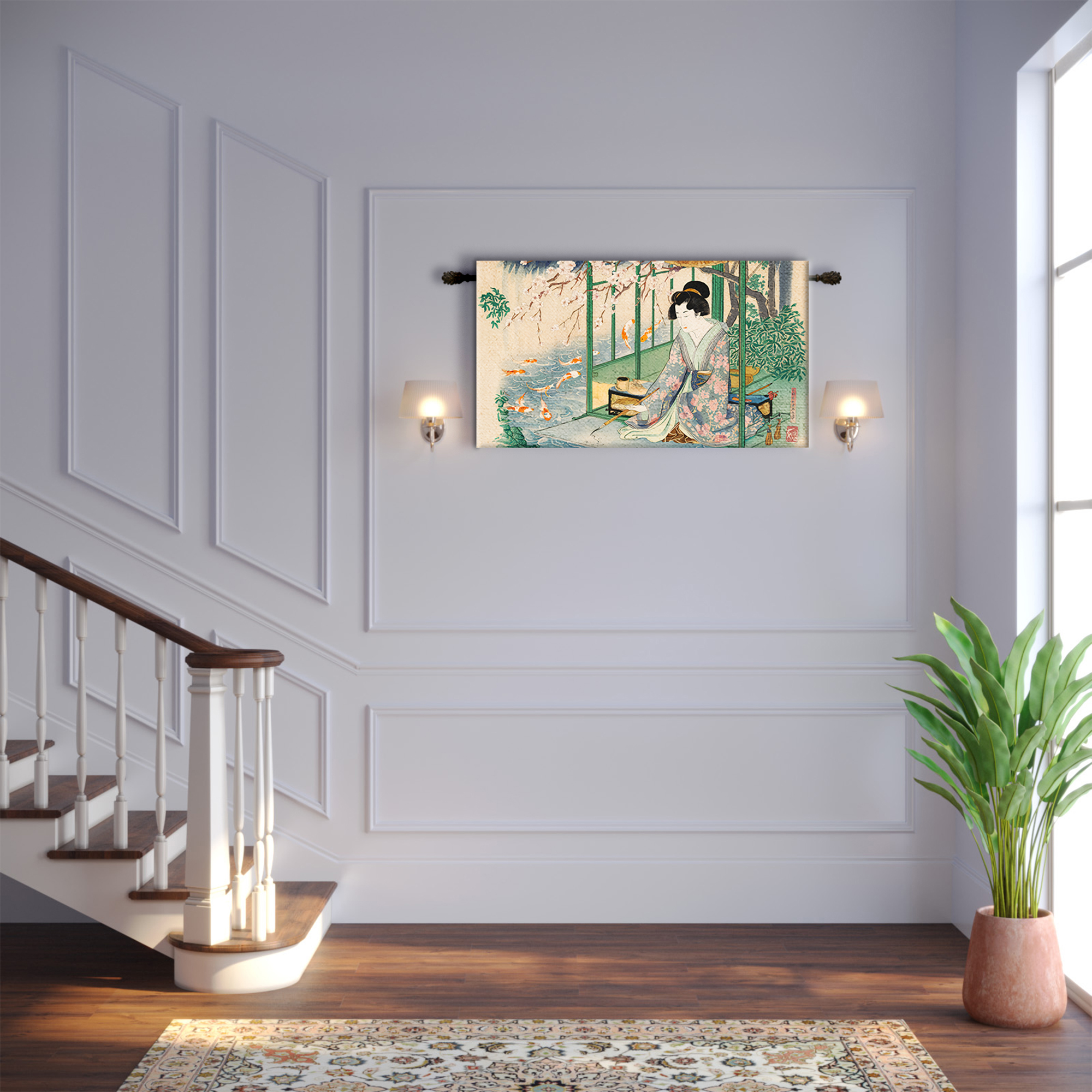 Geisha Koi Pond Cherry Blossom Green Tapestry - Image 2