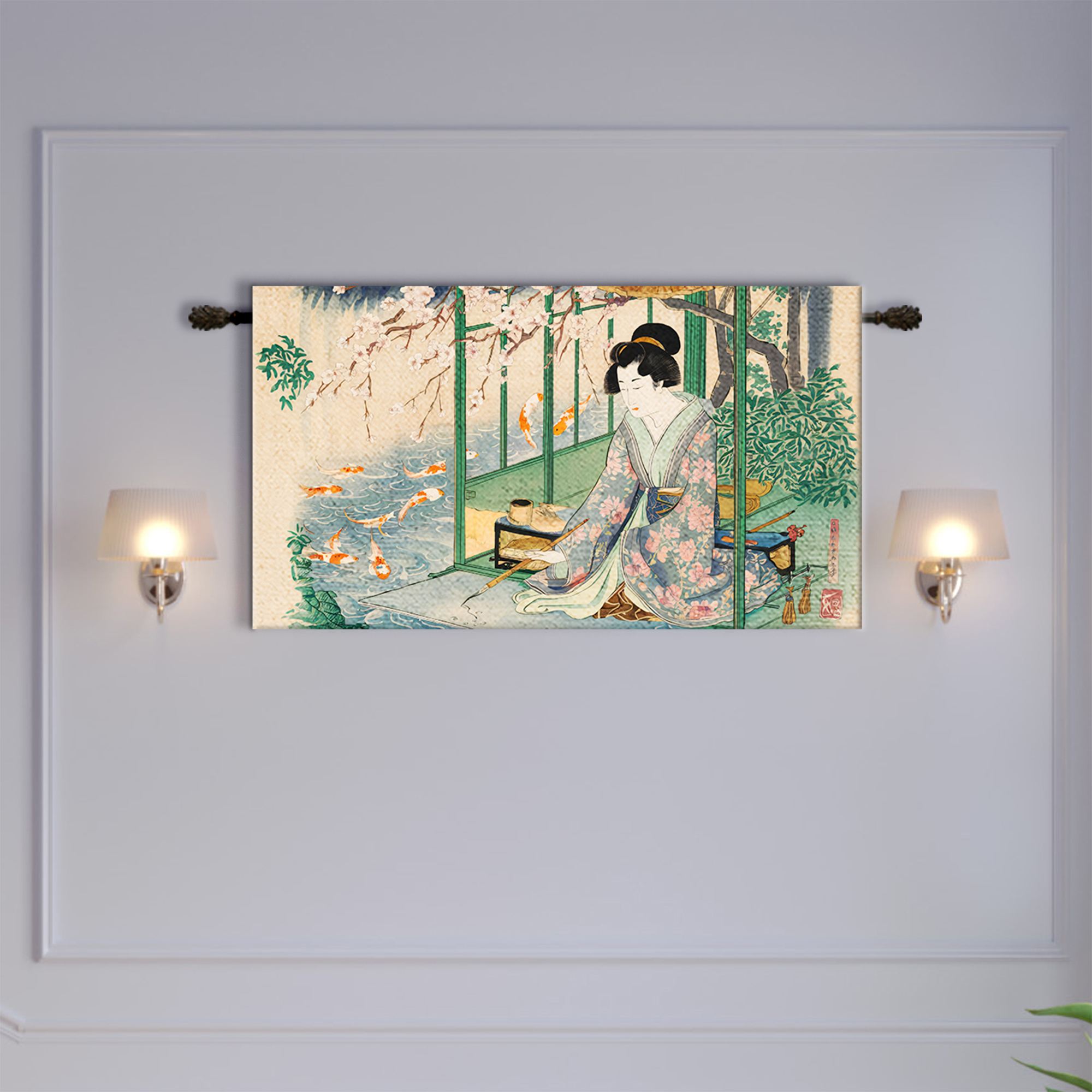 Geisha Koi Pond Cherry Blossom Green Tapestry