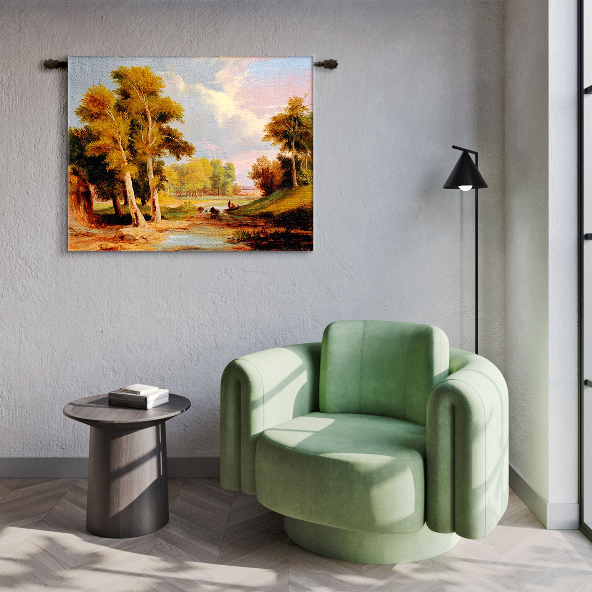 Golden Autumn Forest Landscape River Tapestry - Image 2