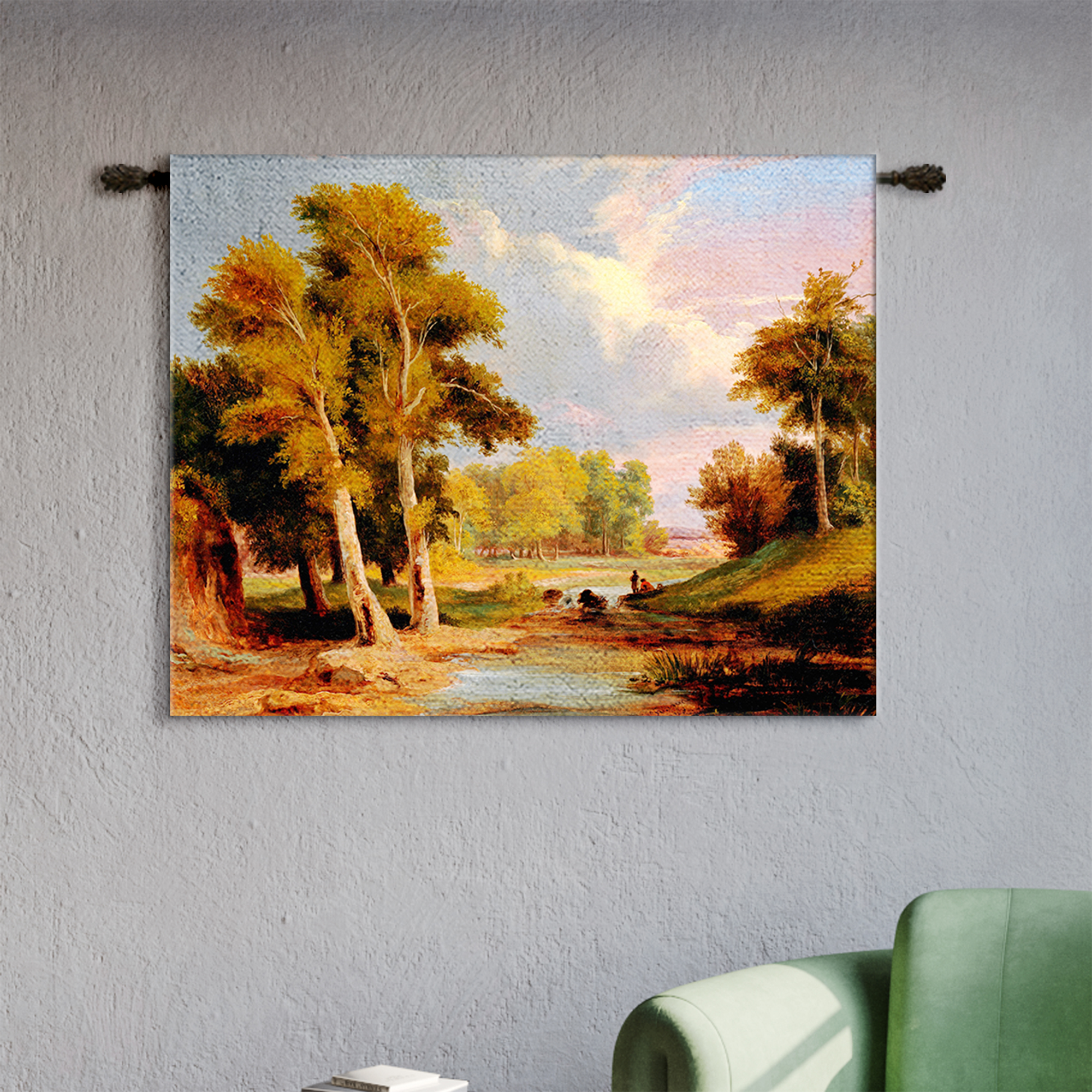 Golden Autumn Forest Landscape River Tapestry