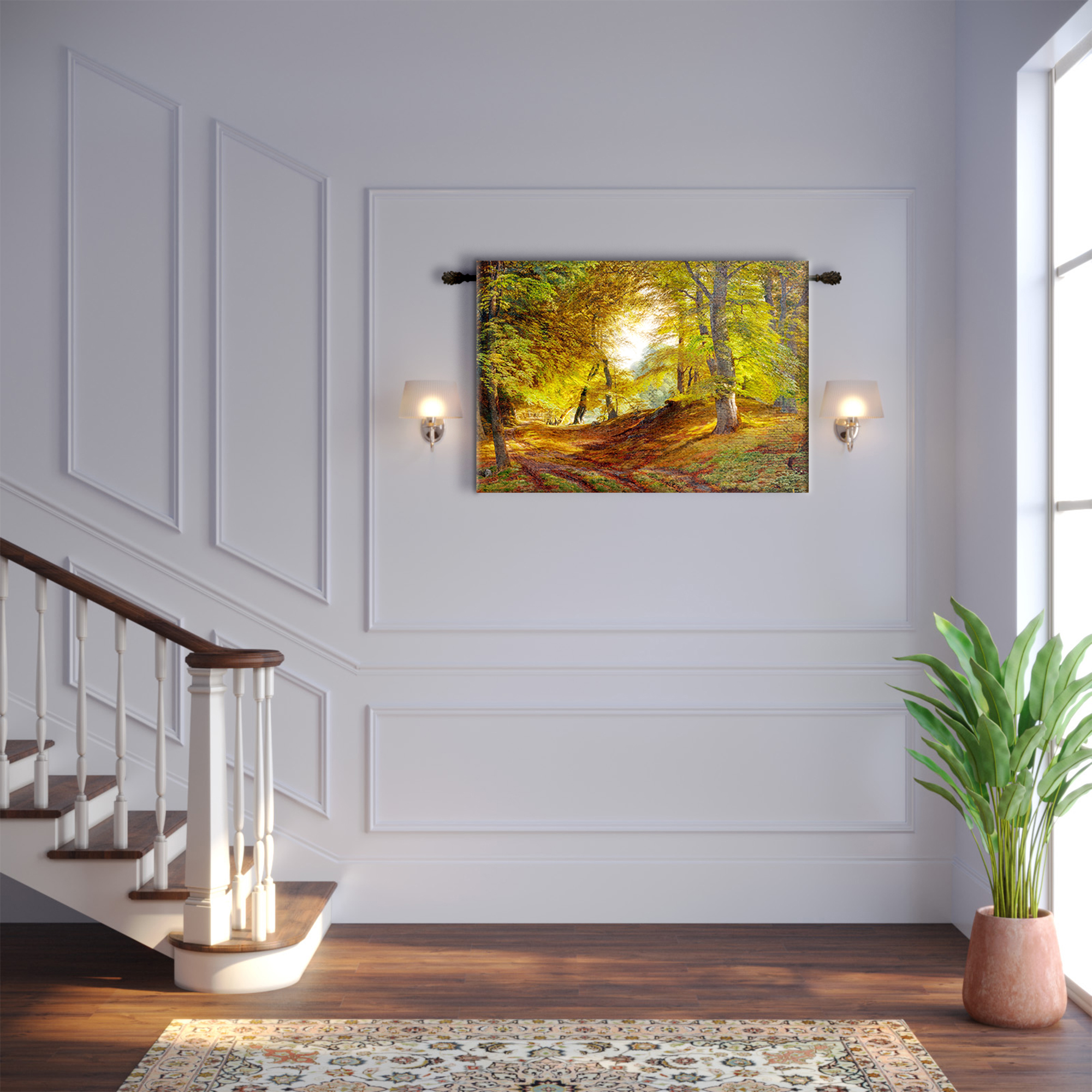 A golden autumn forest path tapestry printed on a cotton-blend fabric