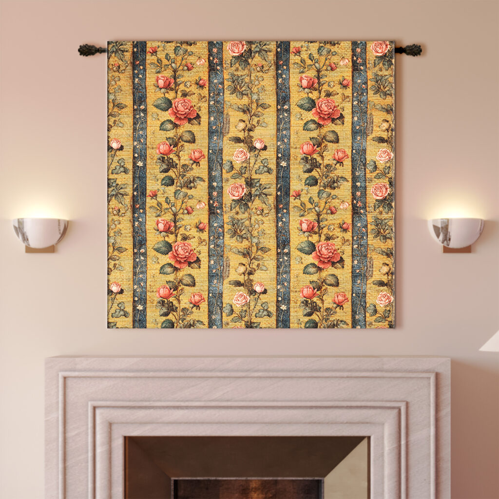 Golden Rose Vine Striped Floral Tapestry