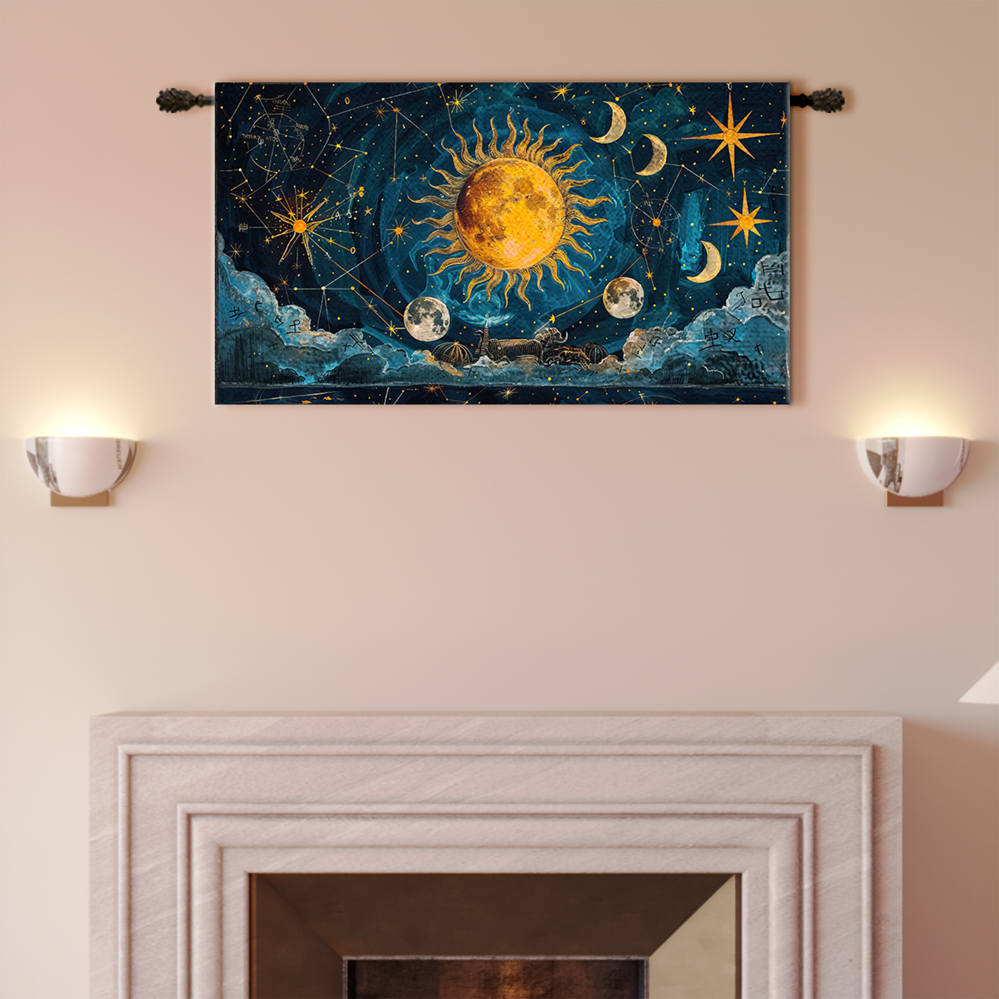 Golden Sun Moon Constellation Zodiac Tapestry