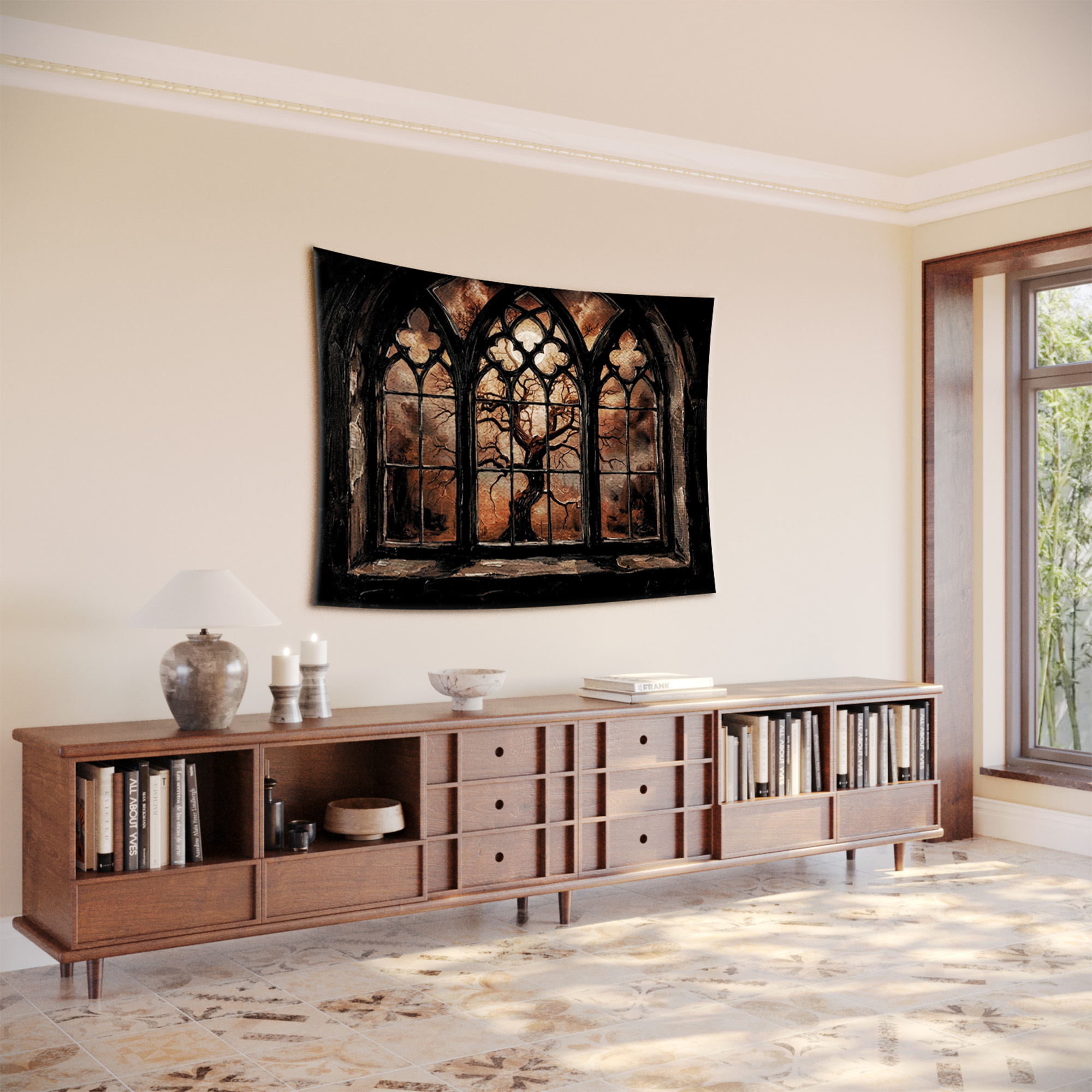 Gothic Cathedral Window Tree Dark Tapestry - Image 2