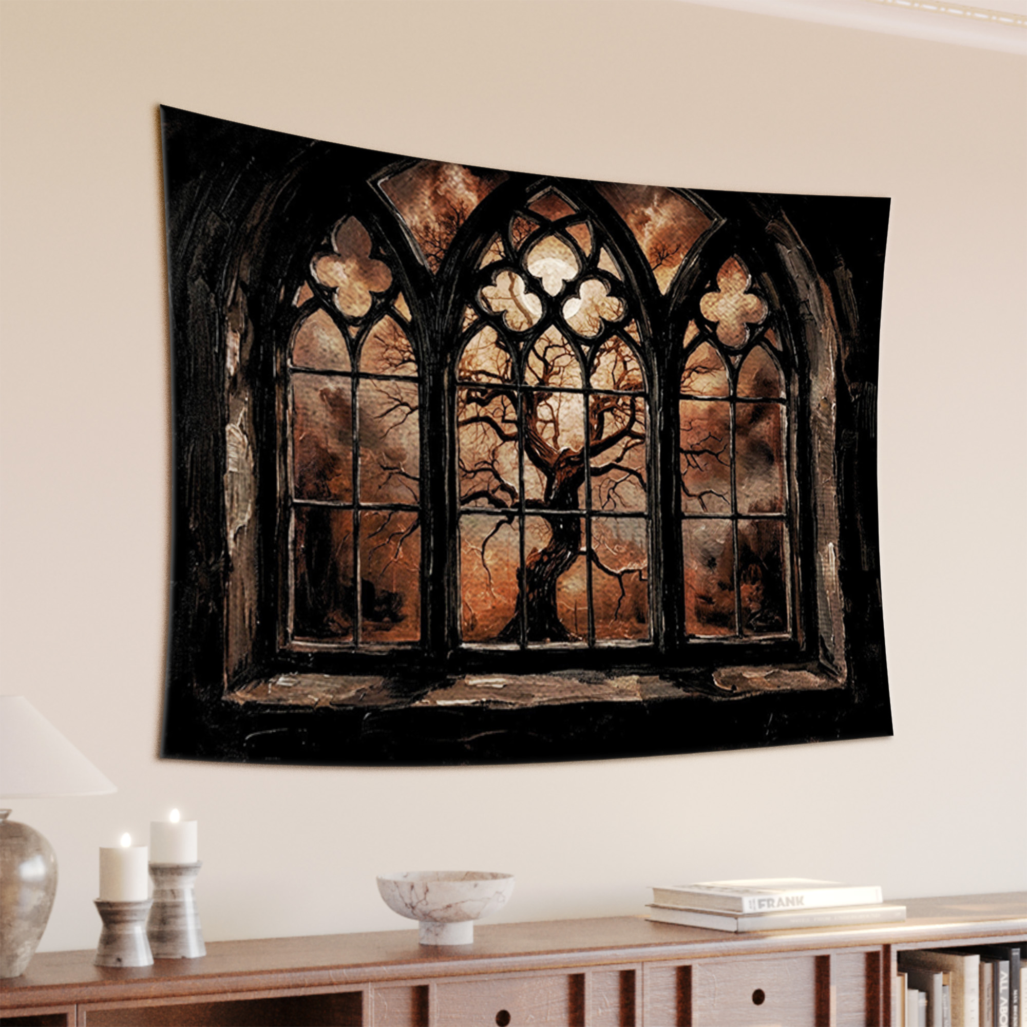 Gothic Cathedral Window Tree Dark Tapestry