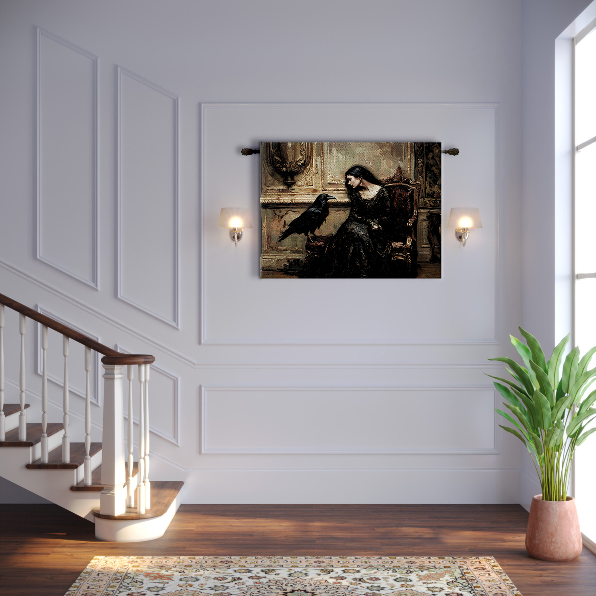 Gothic Woman Black Dress Raven Tapestry - Image 2