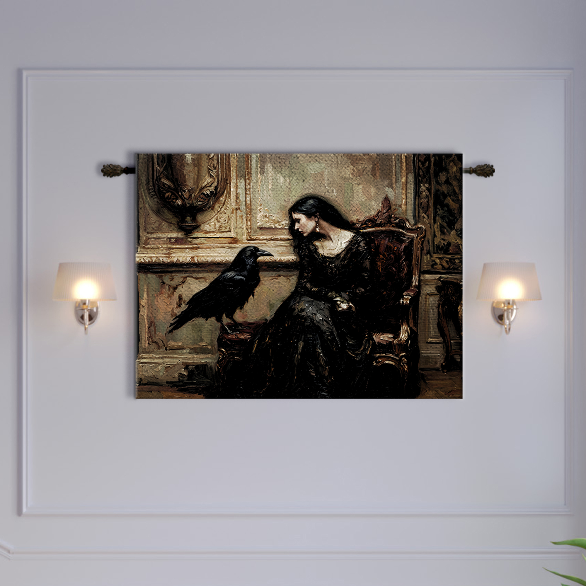 Gothic Woman Black Dress Raven Tapestry