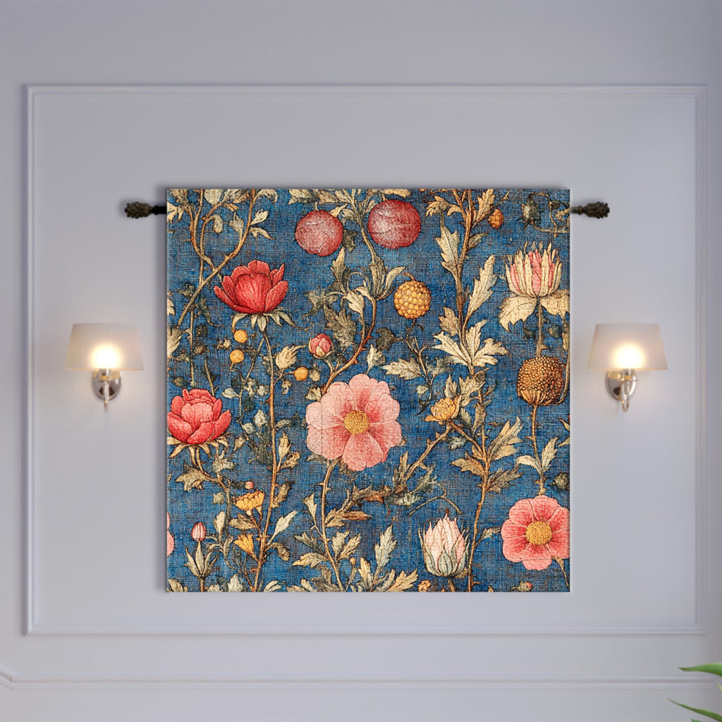 Indigo Blue Pink Rose Pomegranate Botanical Tapestry