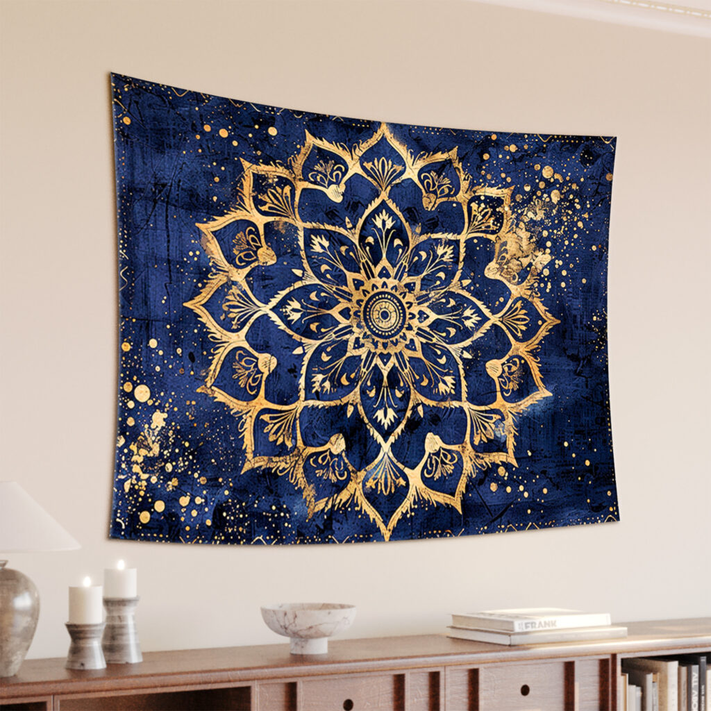 Indigo Gold Ornate Lotus Mandala Tapestry