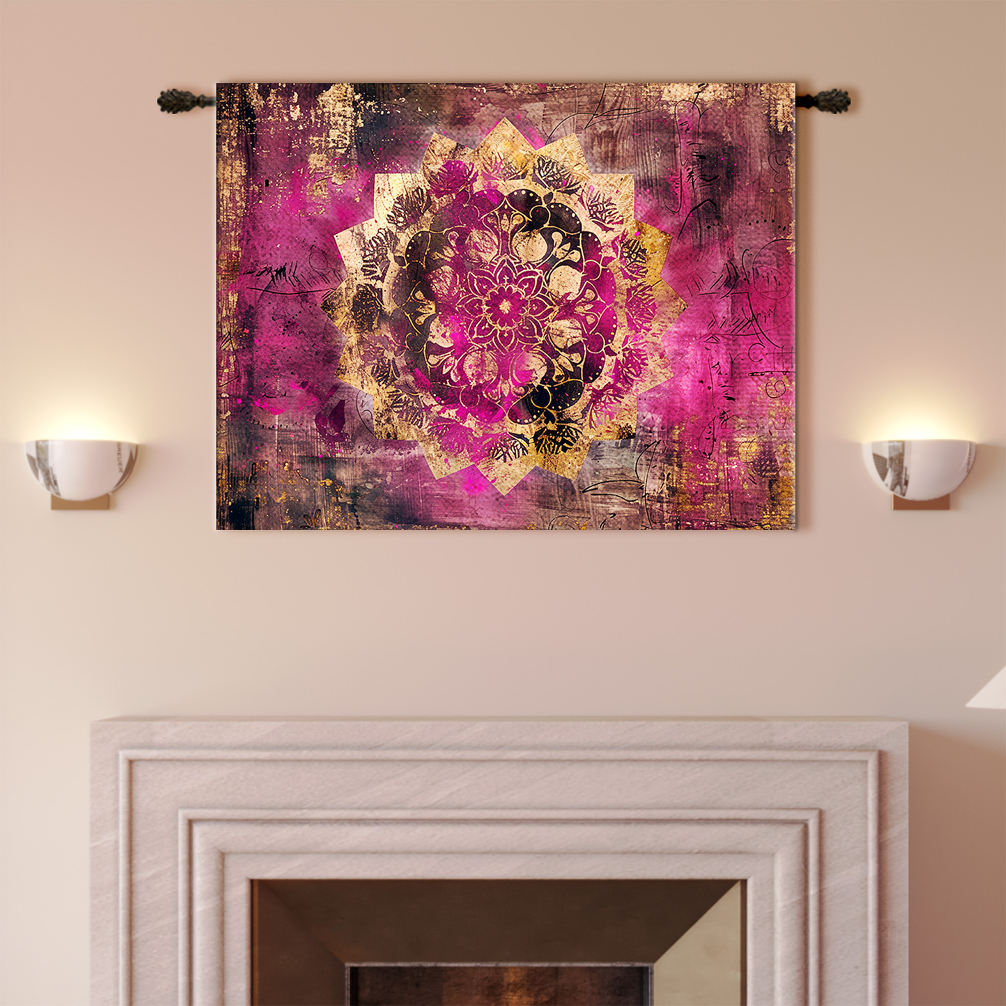 Magenta Gold Lotus Mandala Distressed Tapestry