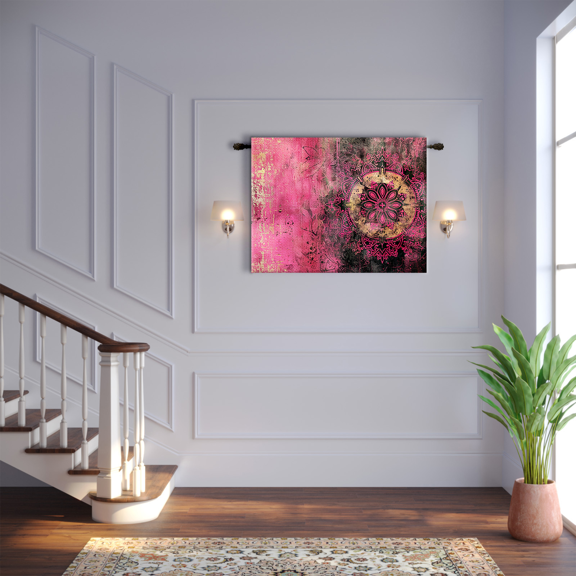 Magenta Pink Gold Ornate Mandala Grunge Tapestry - Image 2