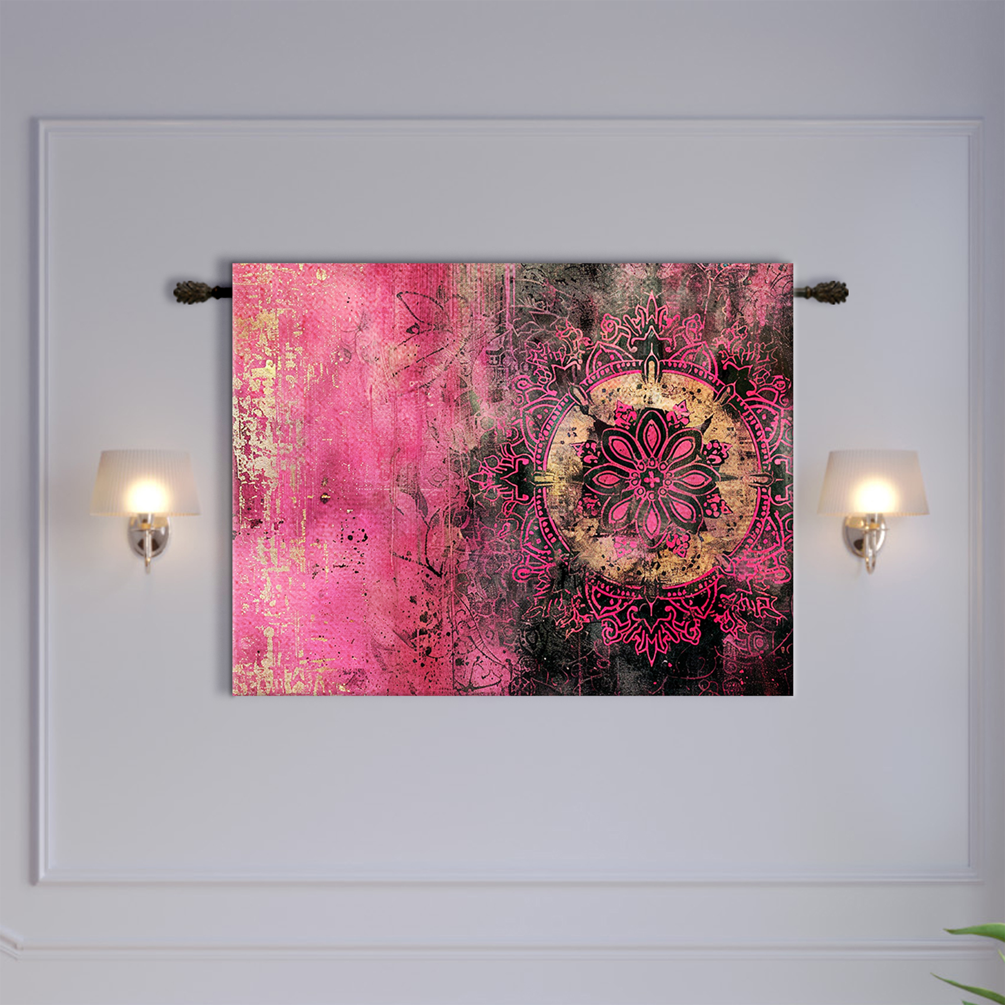 Magenta Pink Gold Ornate Mandala Grunge Tapestry