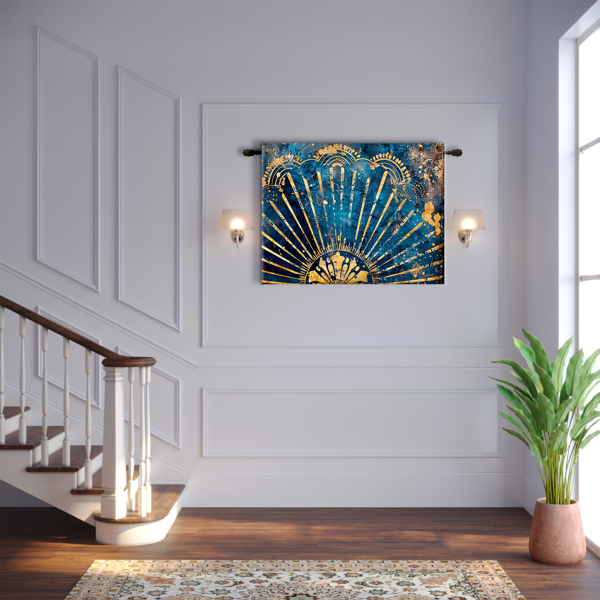 Navy Blue Gold Art Deco Sunburst Tapestry - Image 2