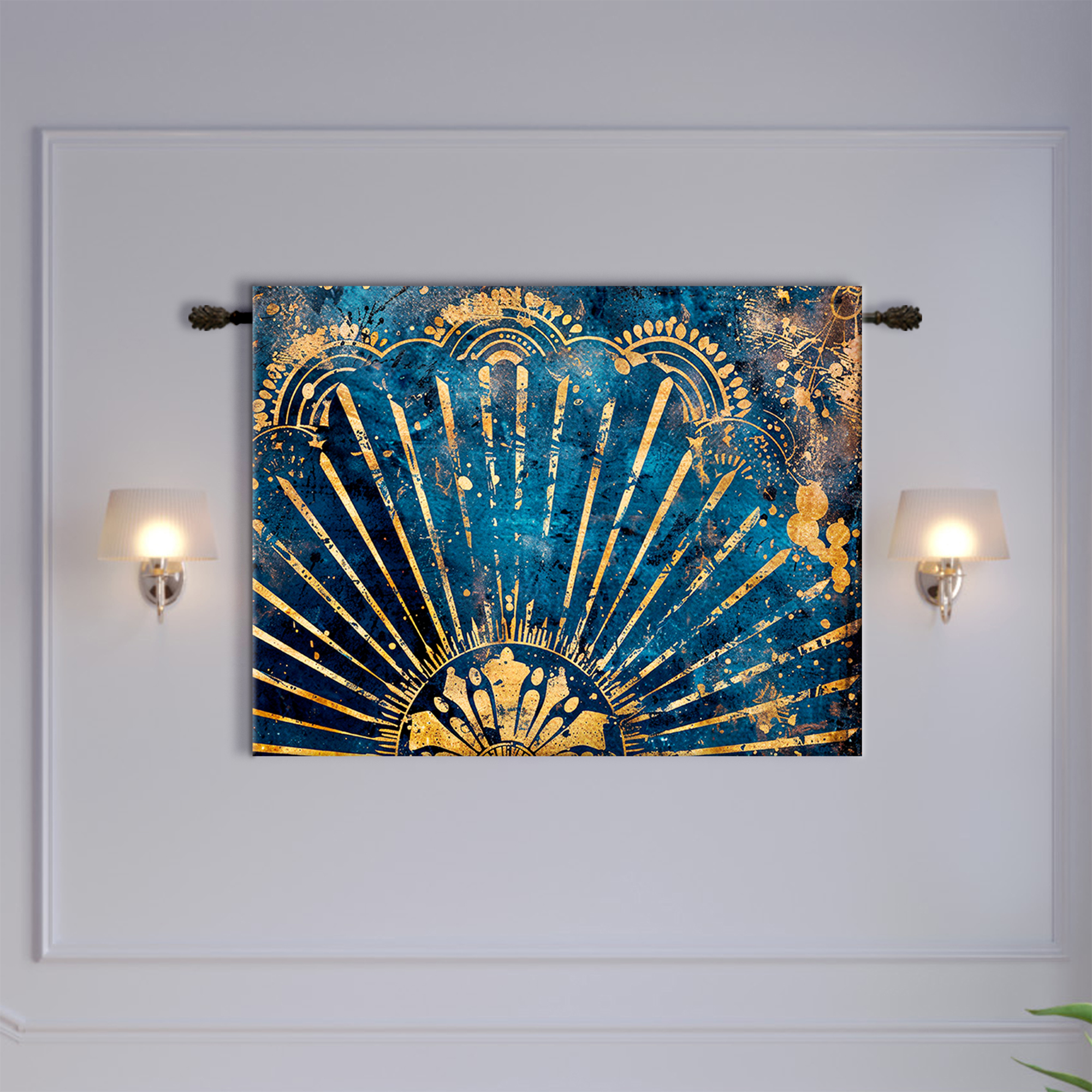Navy Blue Gold Art Deco Sunburst Tapestry