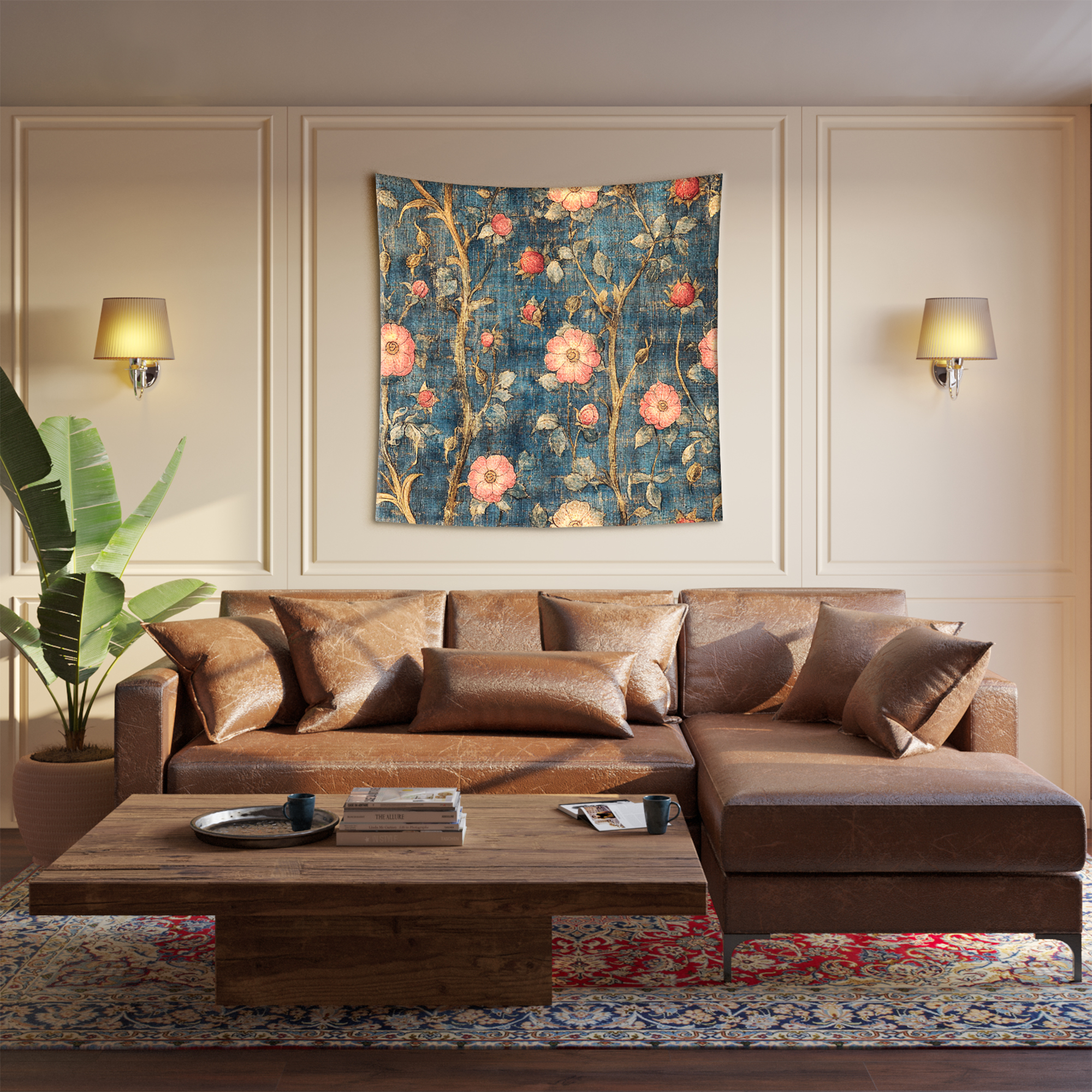 Navy Blue Pink Rose Vine Vintage Tapestry - Image 2