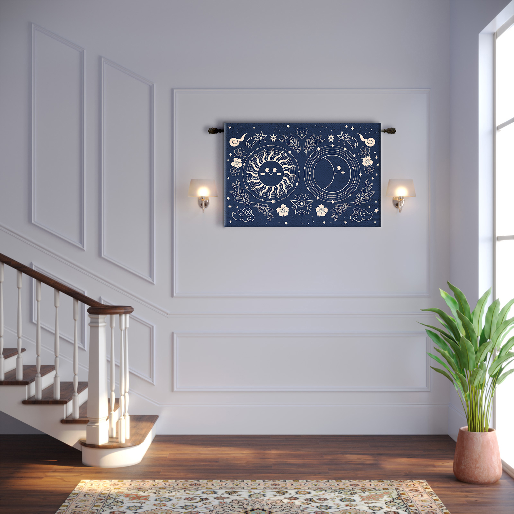 Navy Blue Sun Moon Floral Mystical Tapestry - Image 2