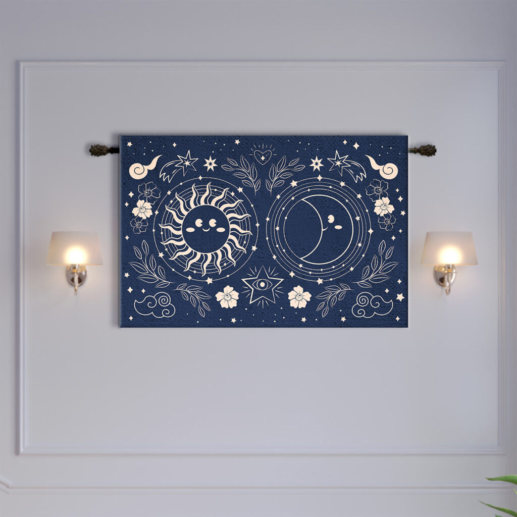 Navy Blue Sun Moon Floral Mystical Tapestry
