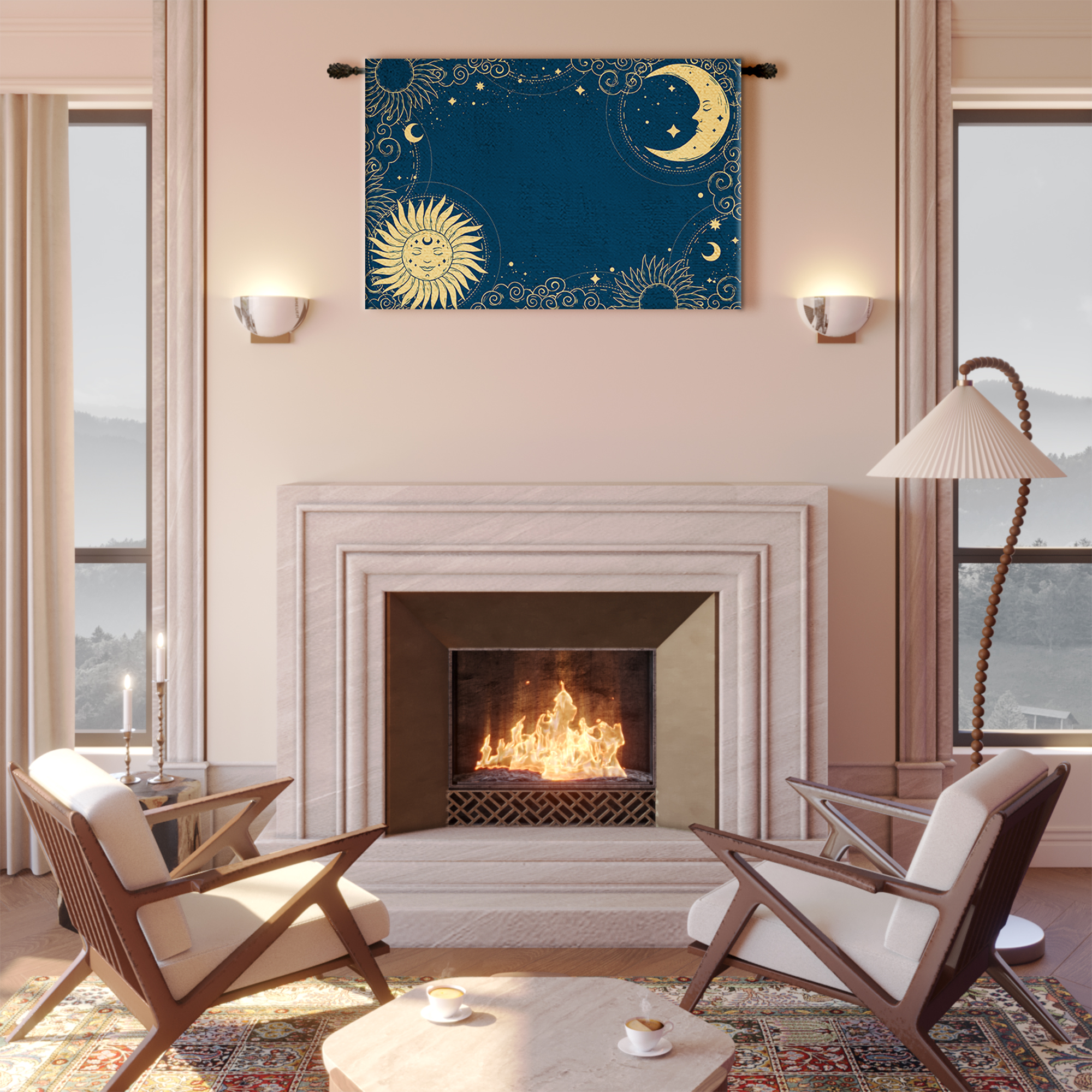 Navy Gold Celestial Sun Moon Stars Tapestry - Image 2