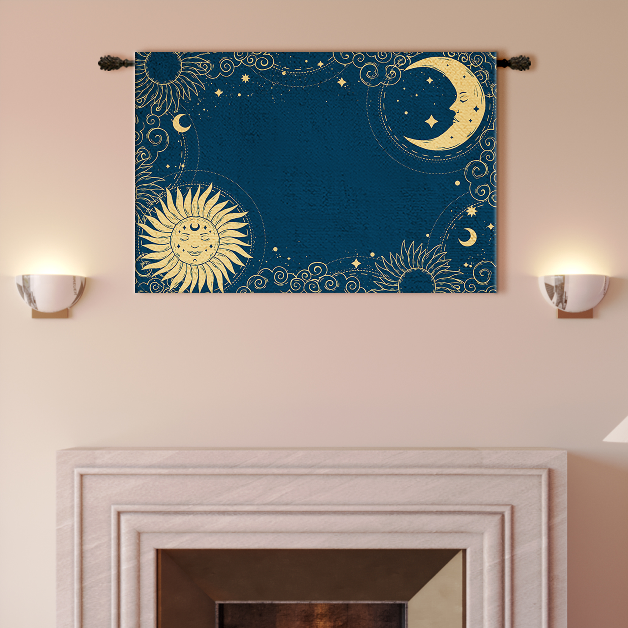 Navy Gold Celestial Sun Moon Stars Tapestry