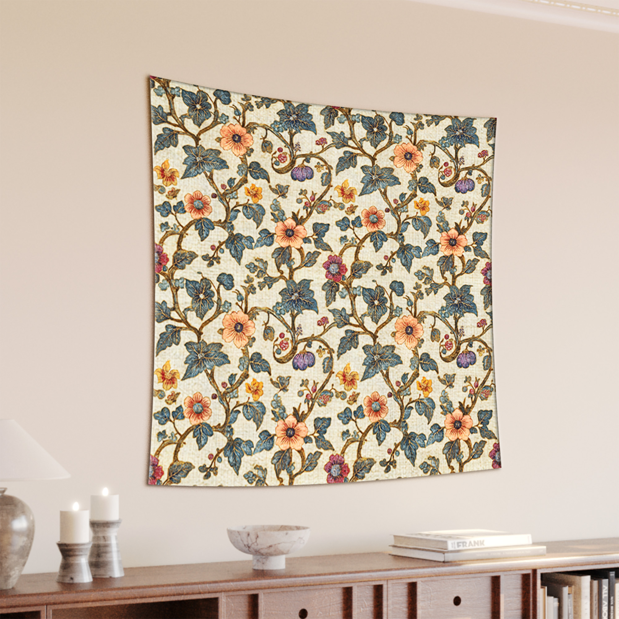 Peach Blossom Blue Foliage Arts Crafts Tapestry