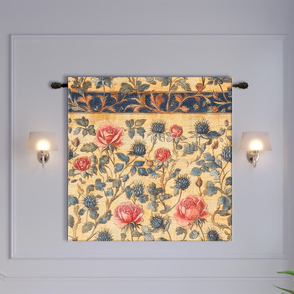 Pink Rose Blue Thistle Renaissance Floral Tapestry