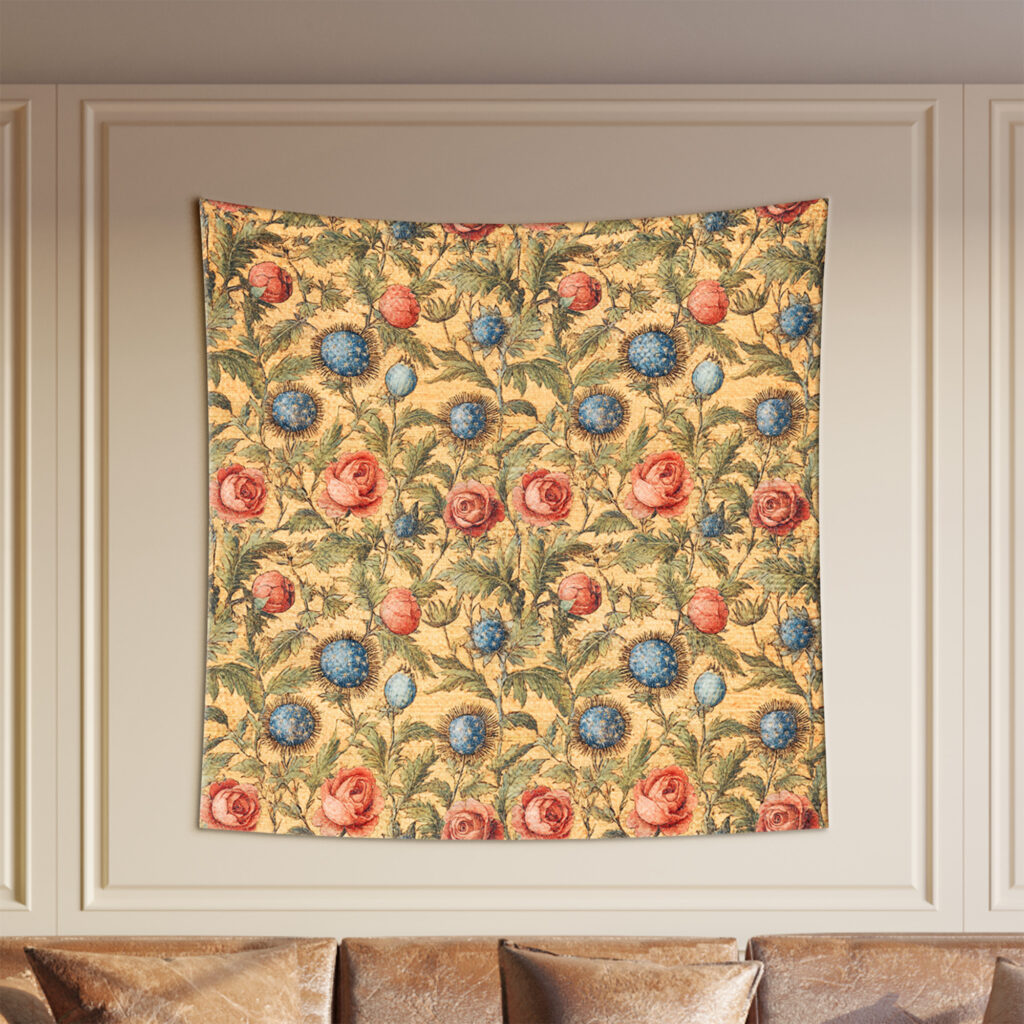 Red Roses Blue Thistle Floral Tapestry