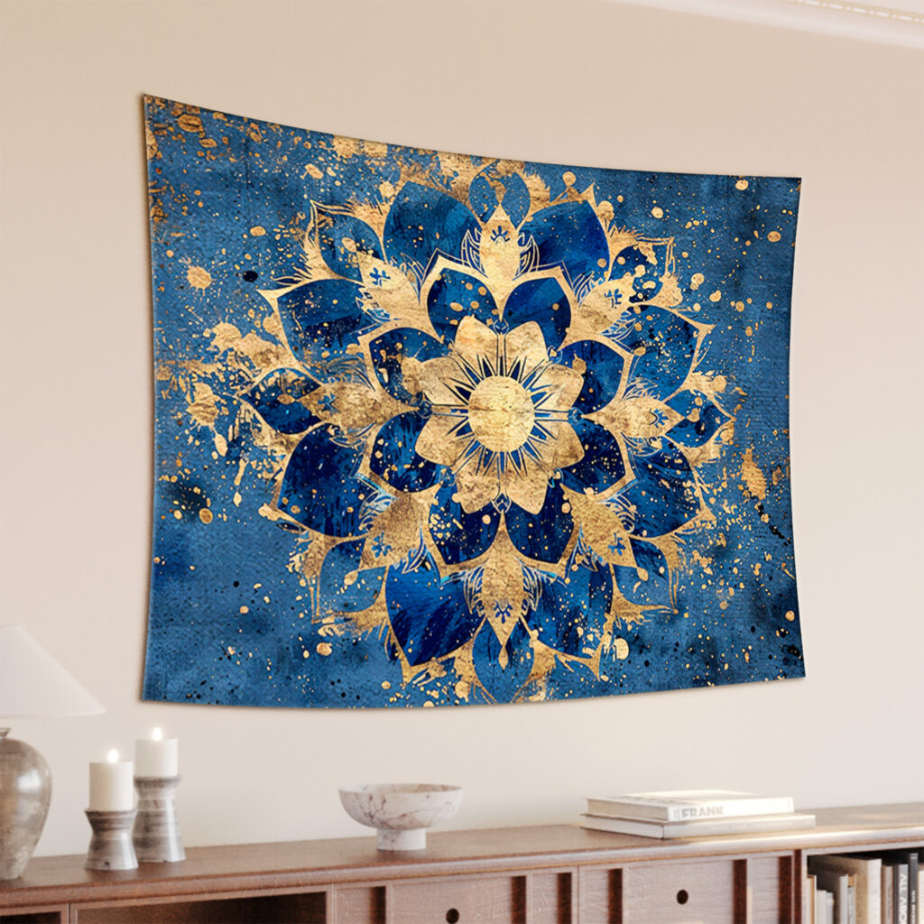 Sapphire Blue Gold Lotus Flower Mandala Tapestry
