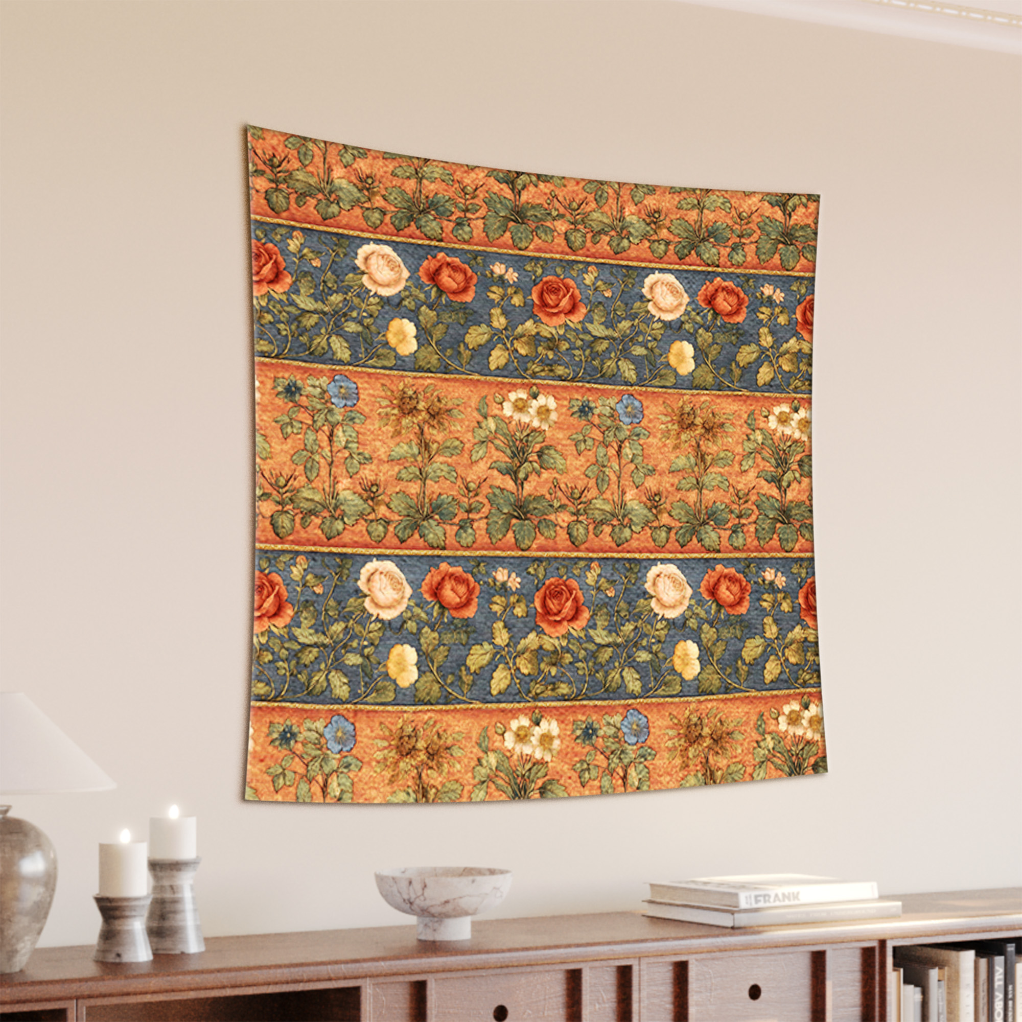Terracotta Rose Thistle Medieval Botanical Tapestry