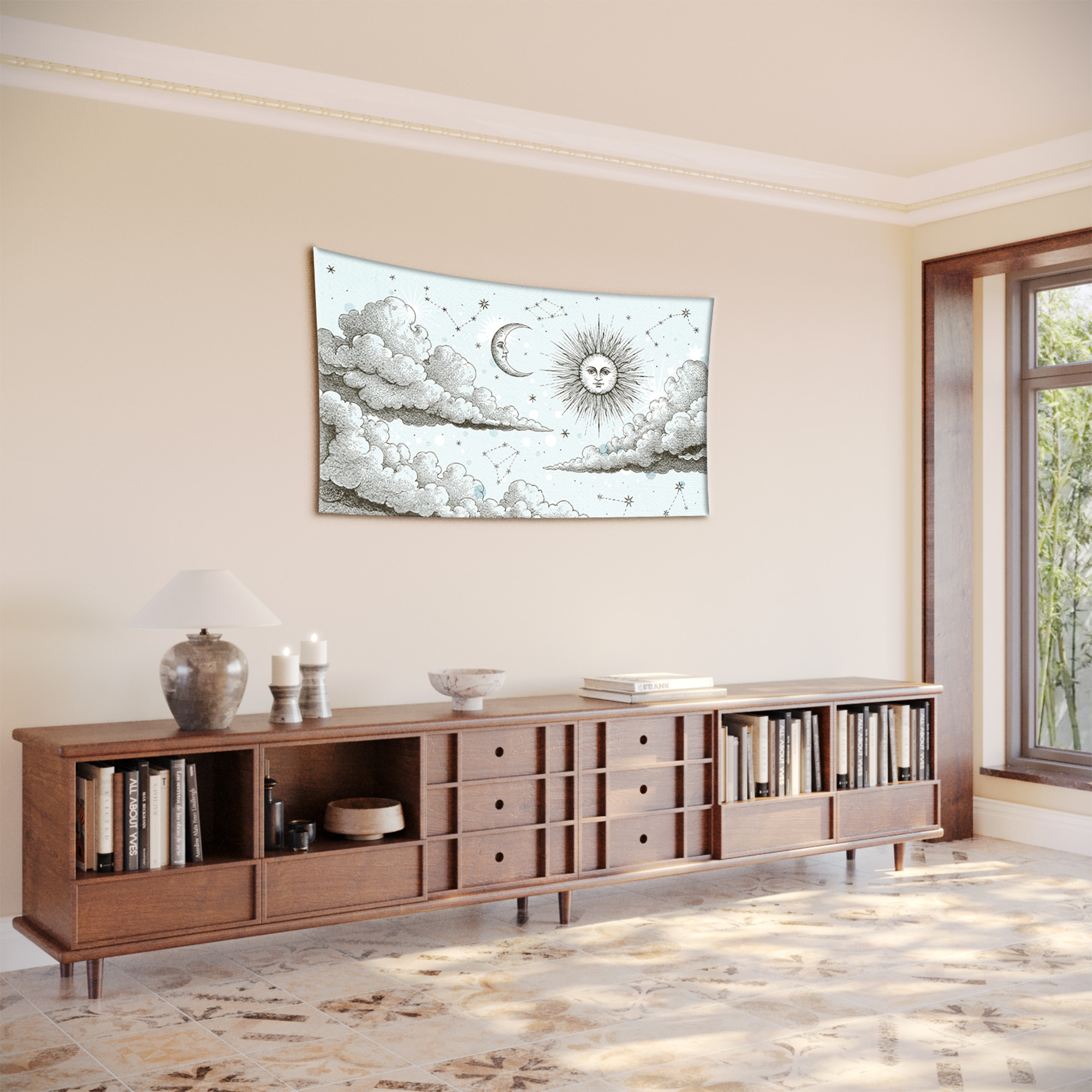 Vintage Engraved Sun Moon Clouds Celestial Tapestry - Image 2