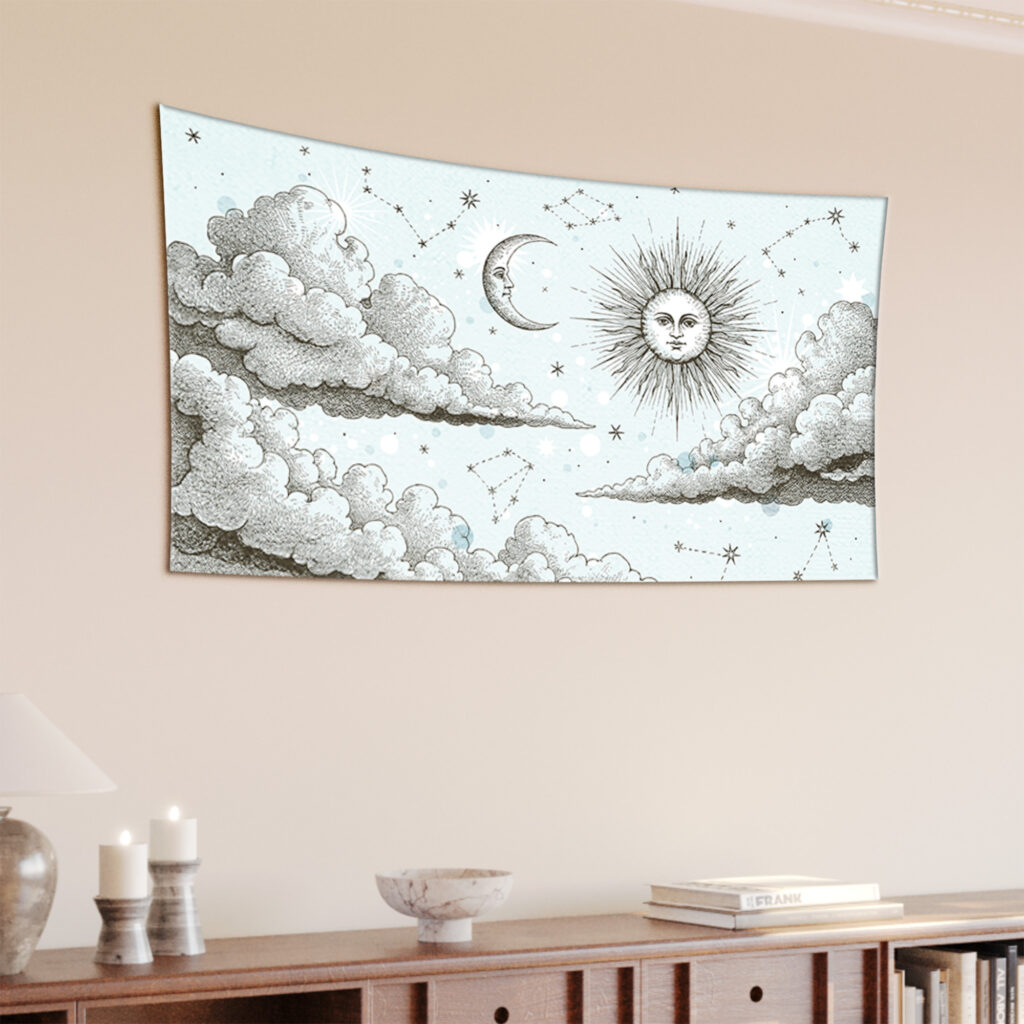 Vintage Engraved Sun Moon Clouds Celestial Tapestry