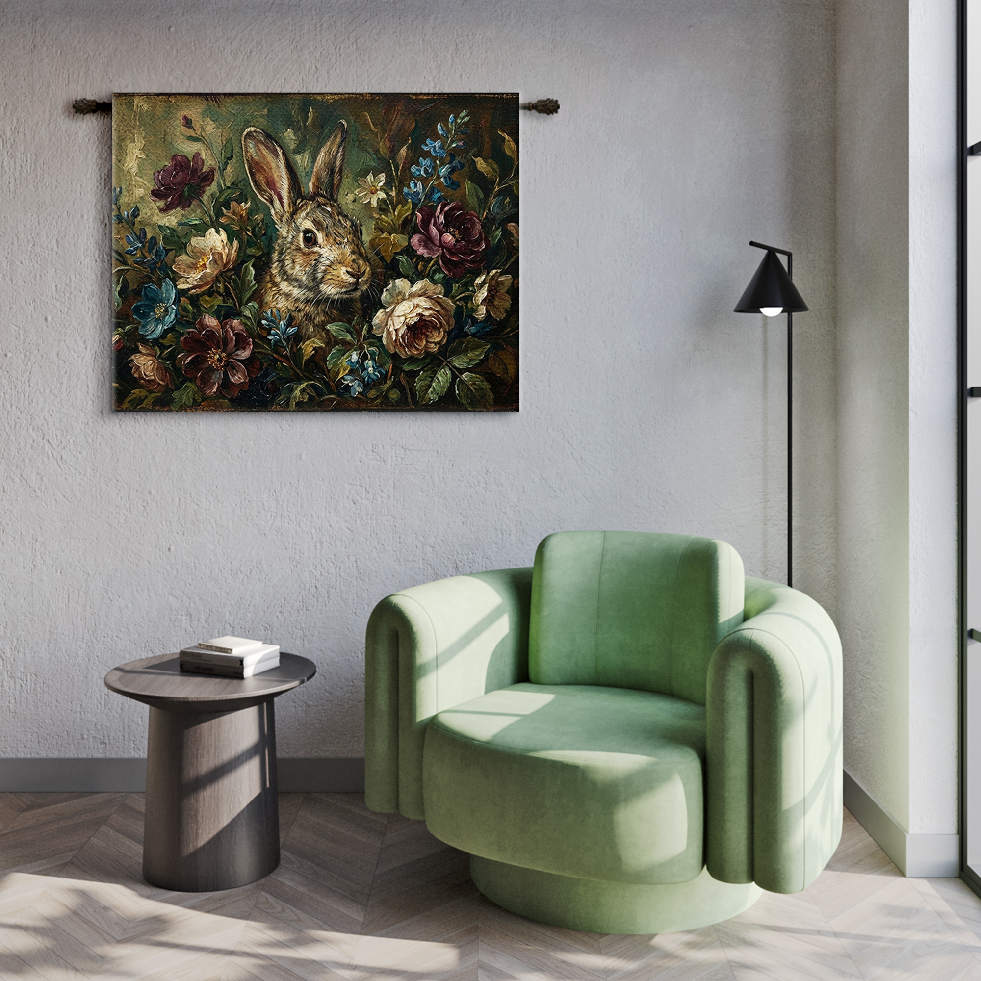 Vintage Rabbit Floral Botanical Dark Tapestry - Image 2